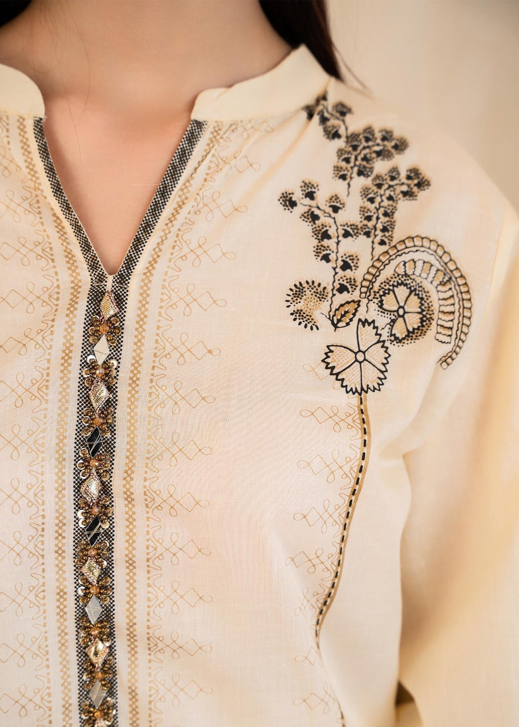 Printed Lawn Long Kurta 2-Piece Suit – Cream, Summer Wear