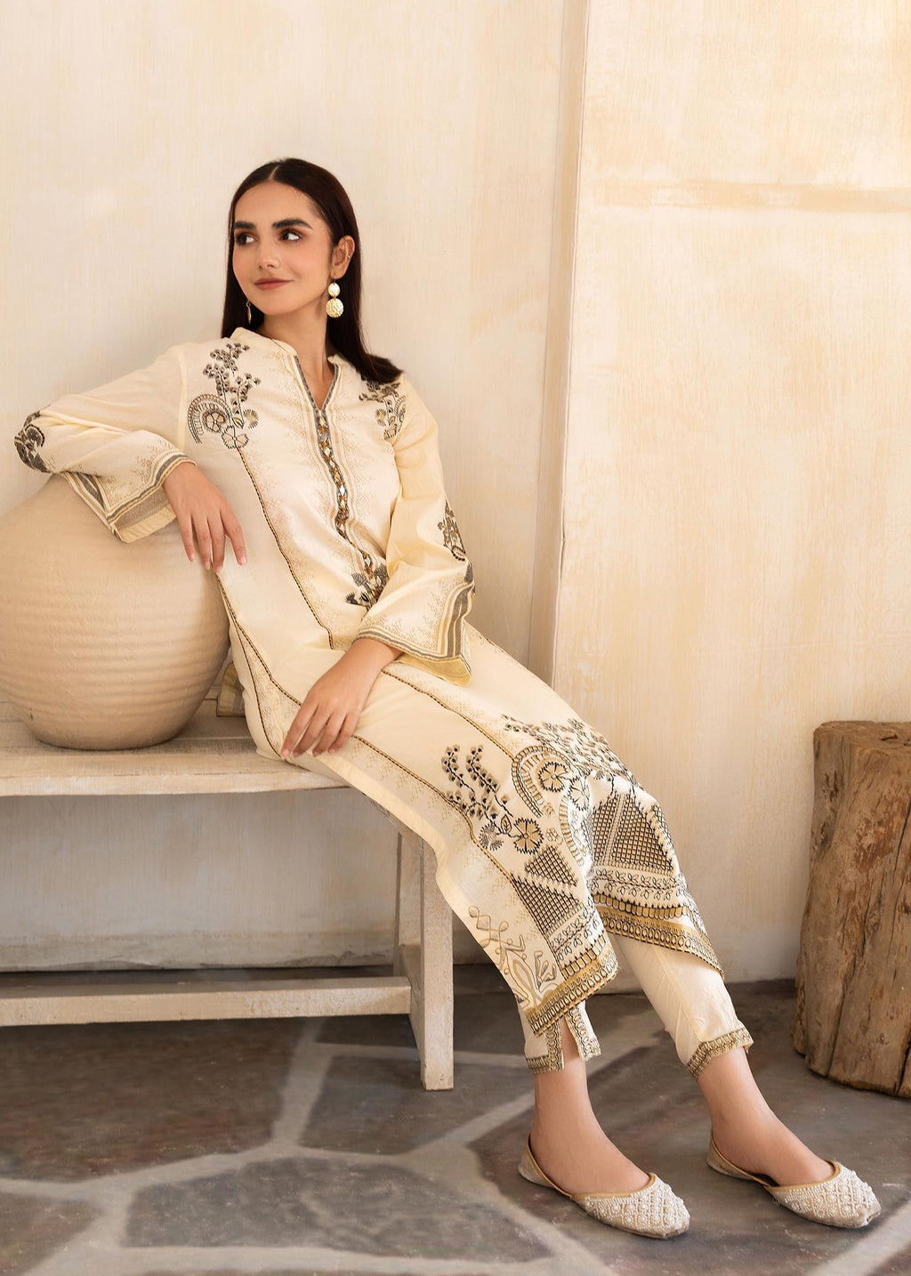 Printed Lawn Long Kurta 2-Piece Suit – Cream, Summer Wear