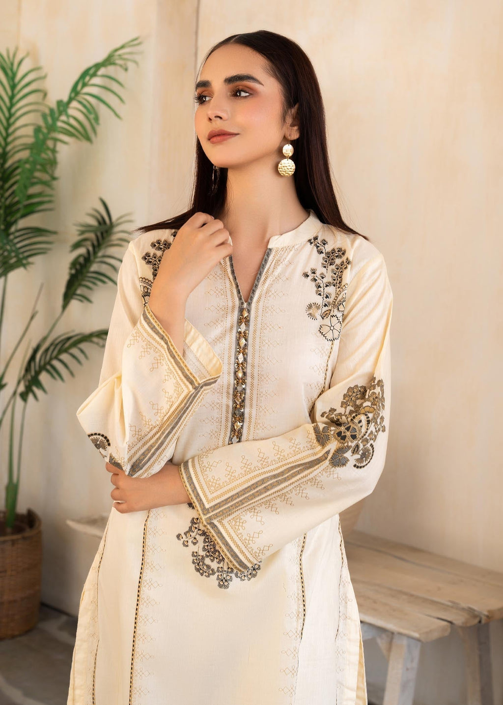 Printed Lawn Long Kurta 2-Piece Suit – Cream, Summer Wear