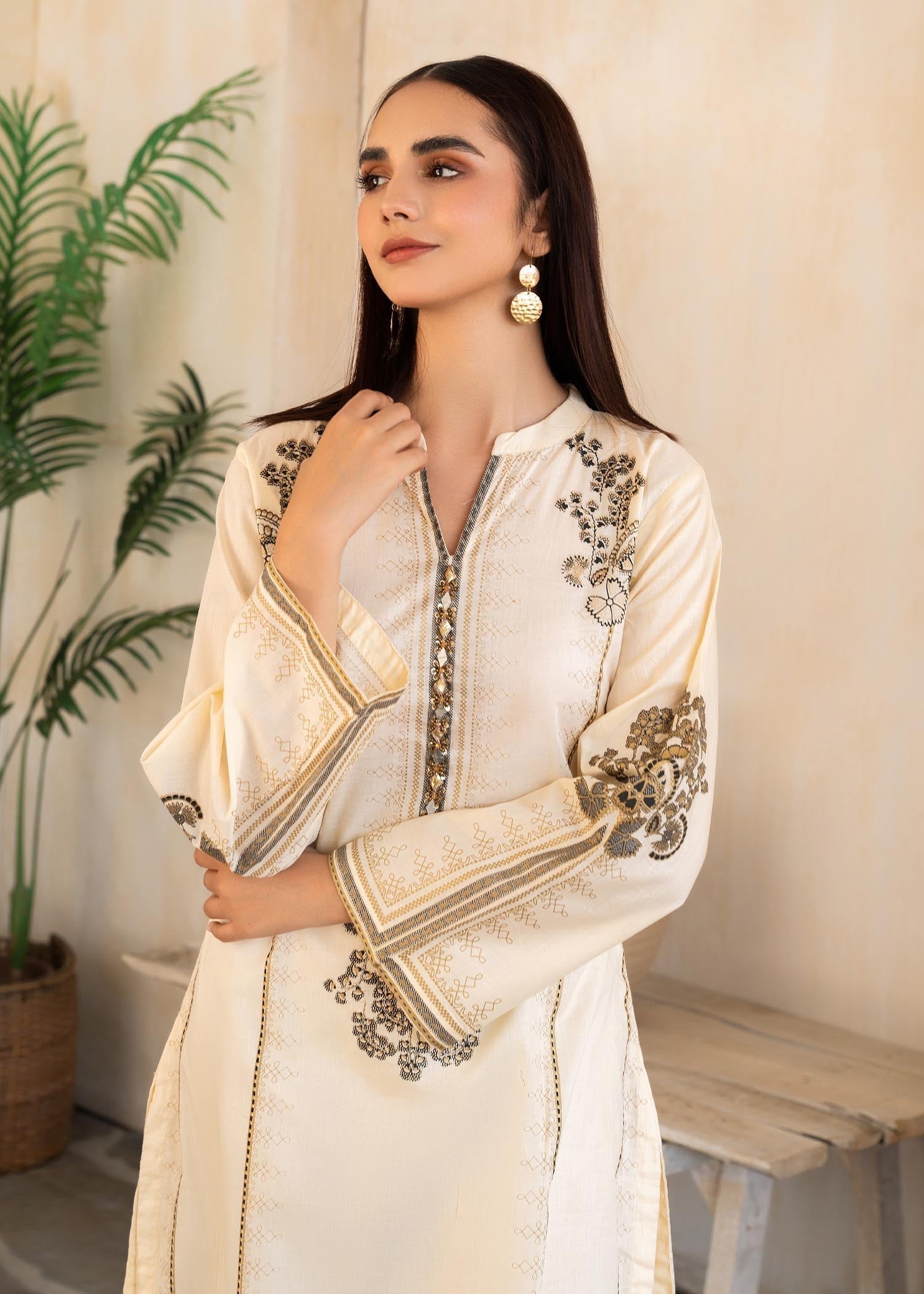 Printed Lawn Long Kurta 2-Piece Suit – Cream, Summer Wear