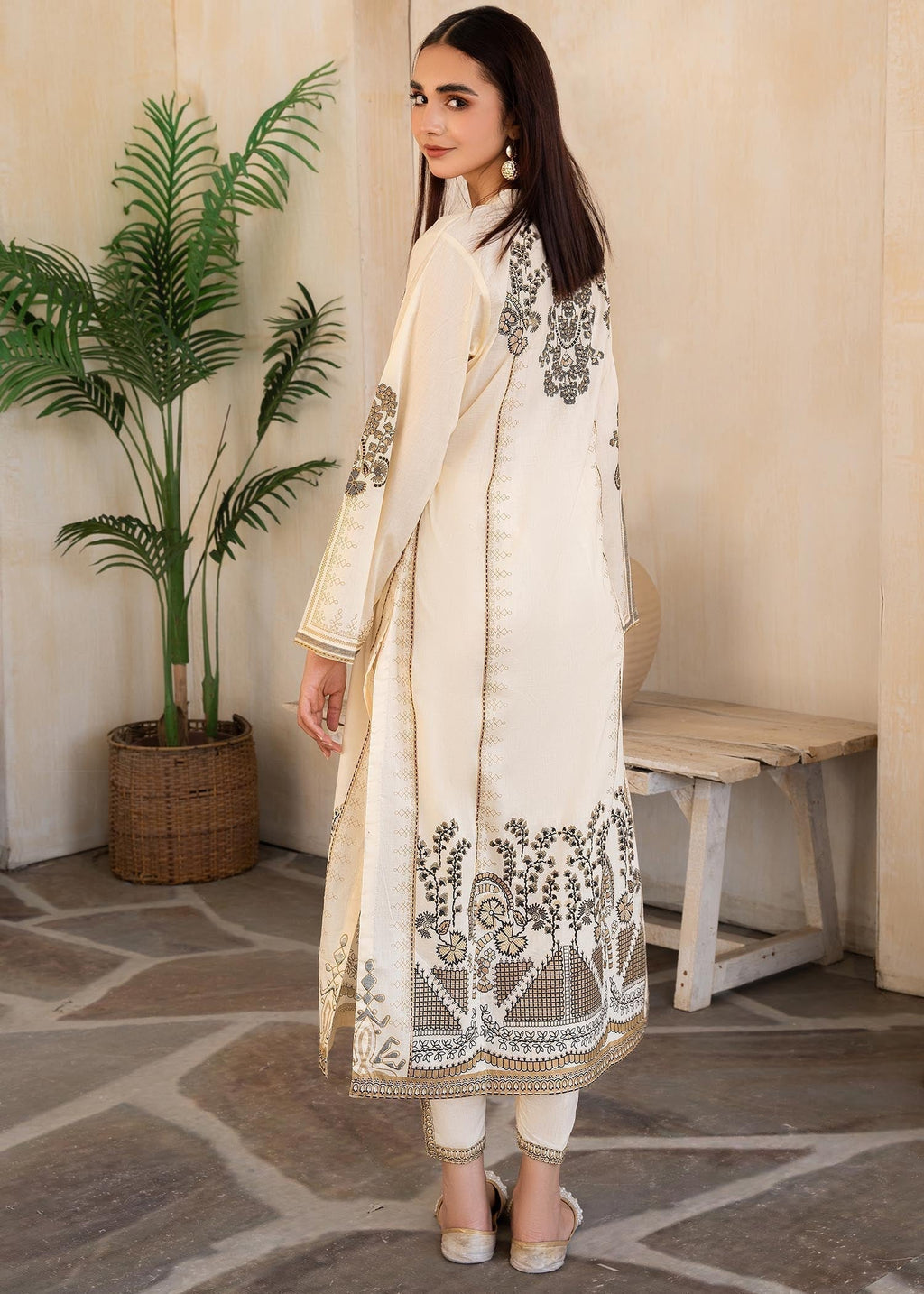 Printed Lawn Long Kurta 2-Piece Suit – Cream, Summer Wear