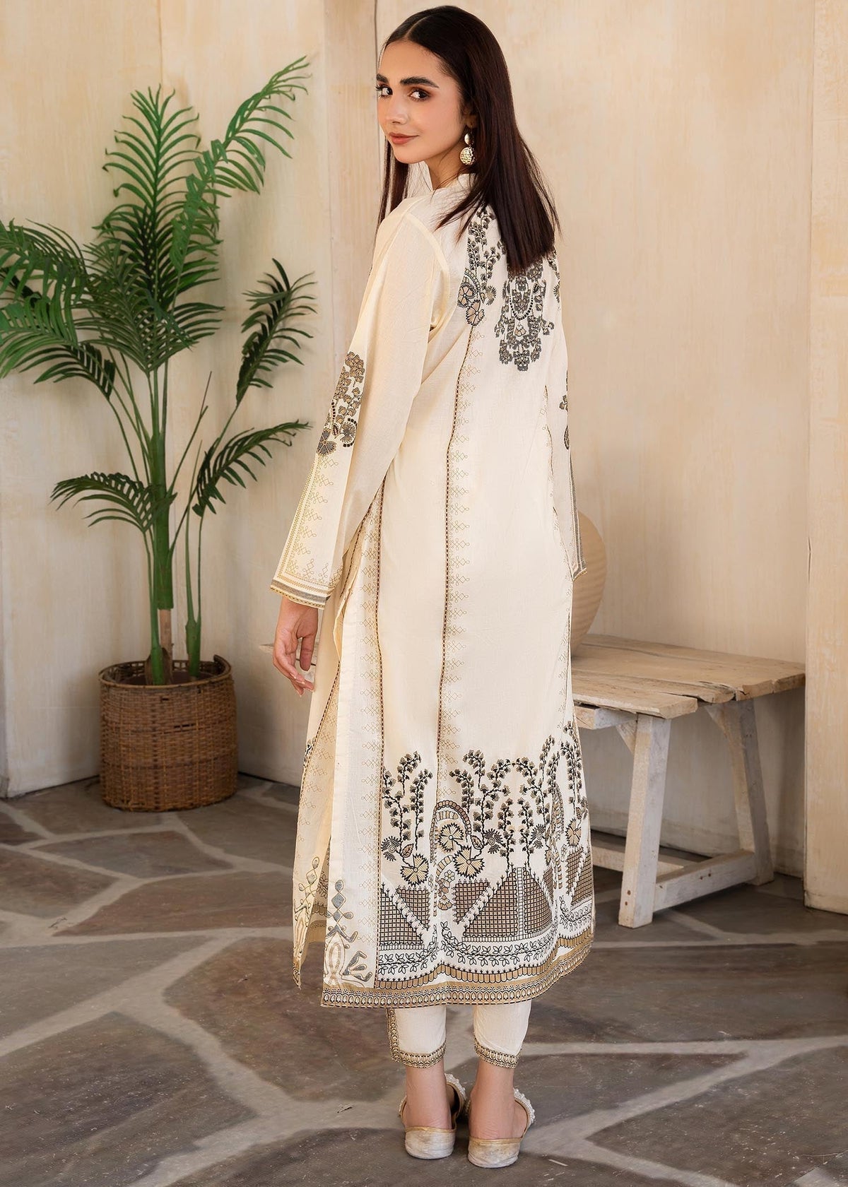 Printed Lawn Long Kurta 2-Piece Suit – Cream, Summer Wear