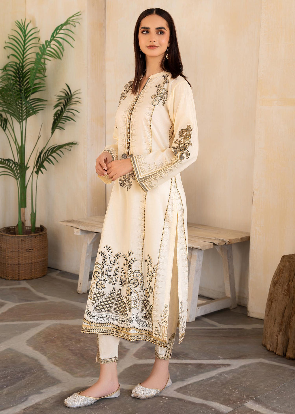 Printed Lawn Long Kurta 2-Piece Suit – Cream, Summer Wear