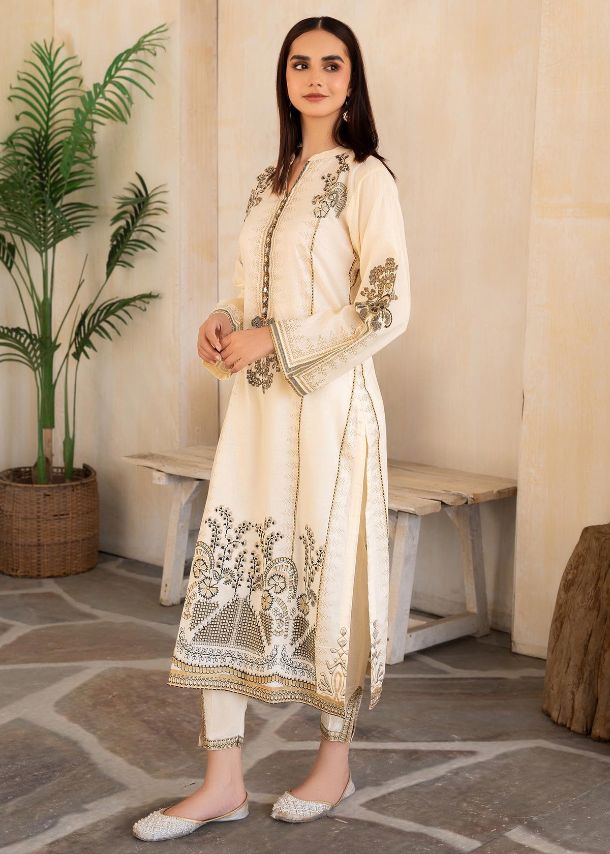 Printed Lawn Long Kurta 2-Piece Suit – Cream, Summer Wear