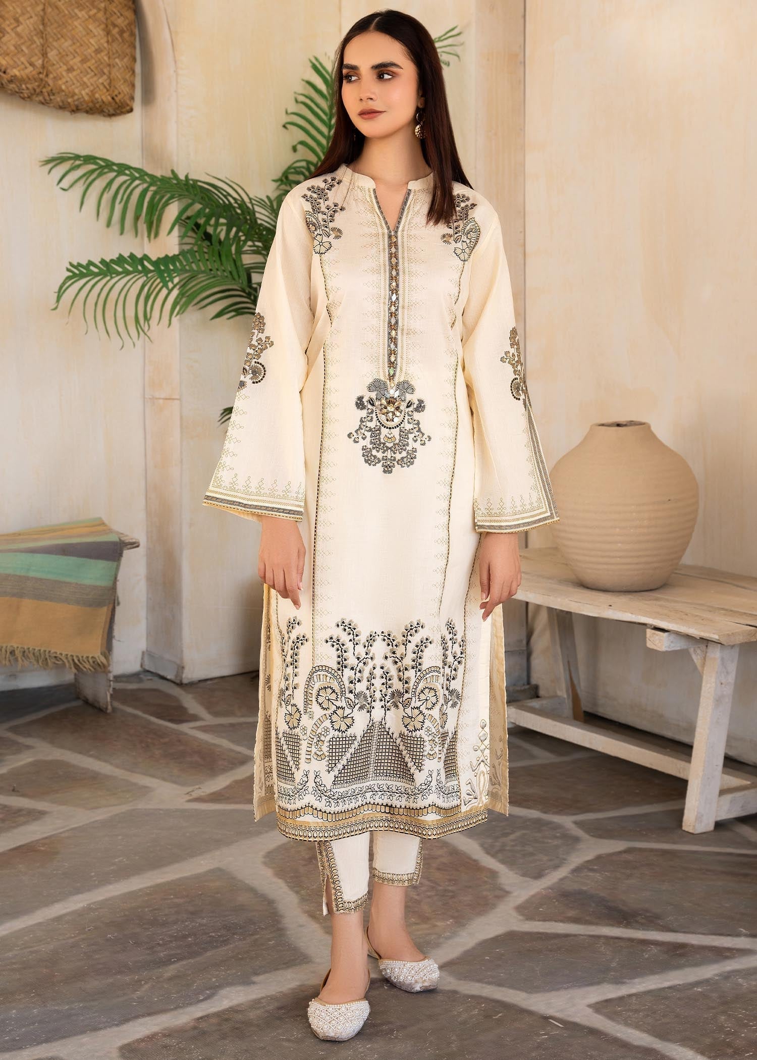 Printed Lawn Long Kurta 2-Piece Suit – Cream, Summer Wear