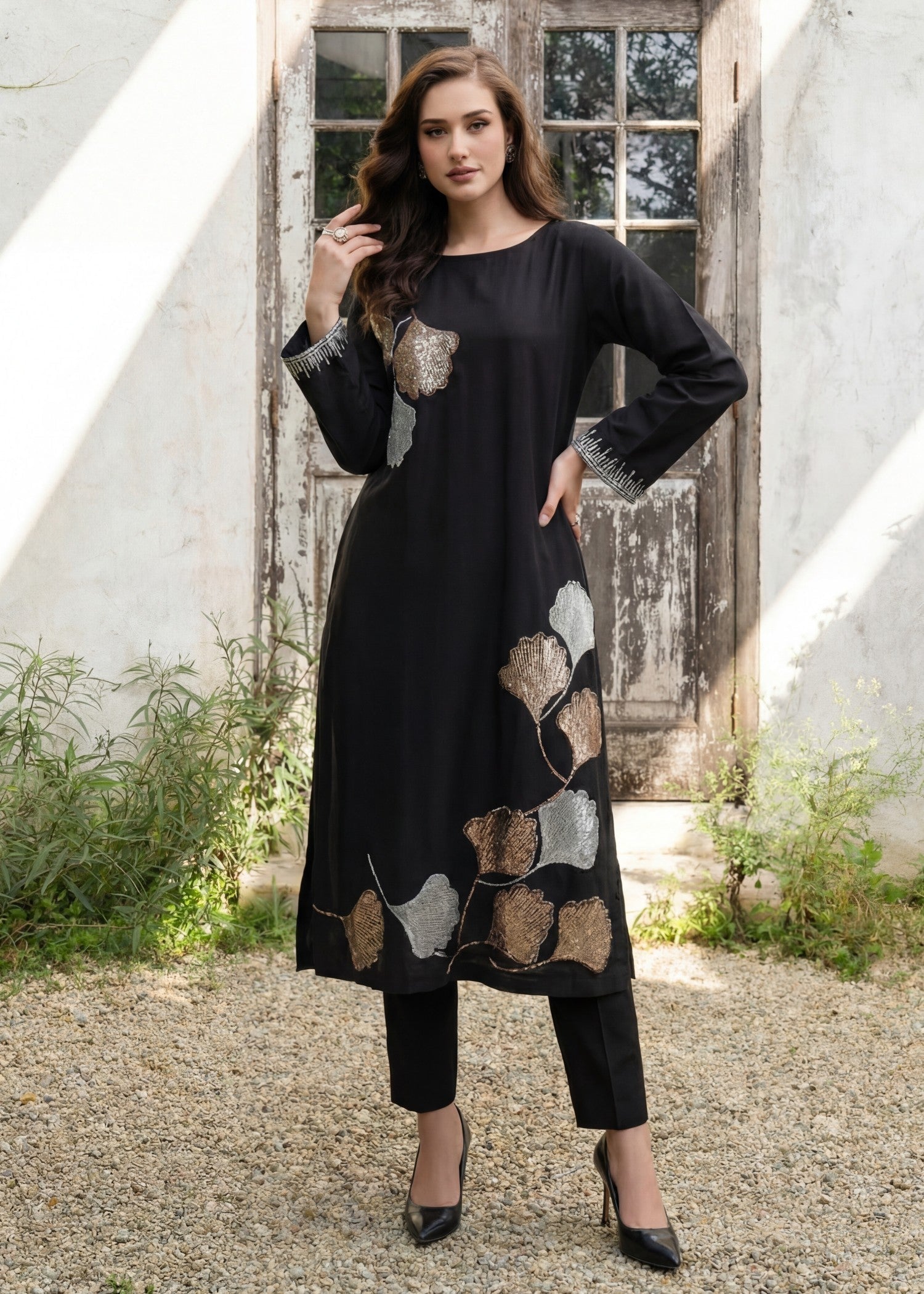 Sequined Long Kurta Lawn 2-Piece Suit – Black, Summer Wear