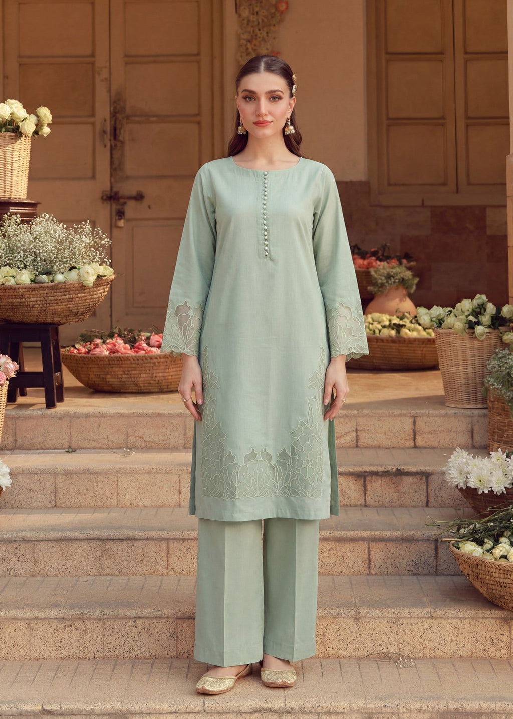 Embroidered Lawn Long Kurta 2-Piece Suit – Pistachio Green, Summer Wear