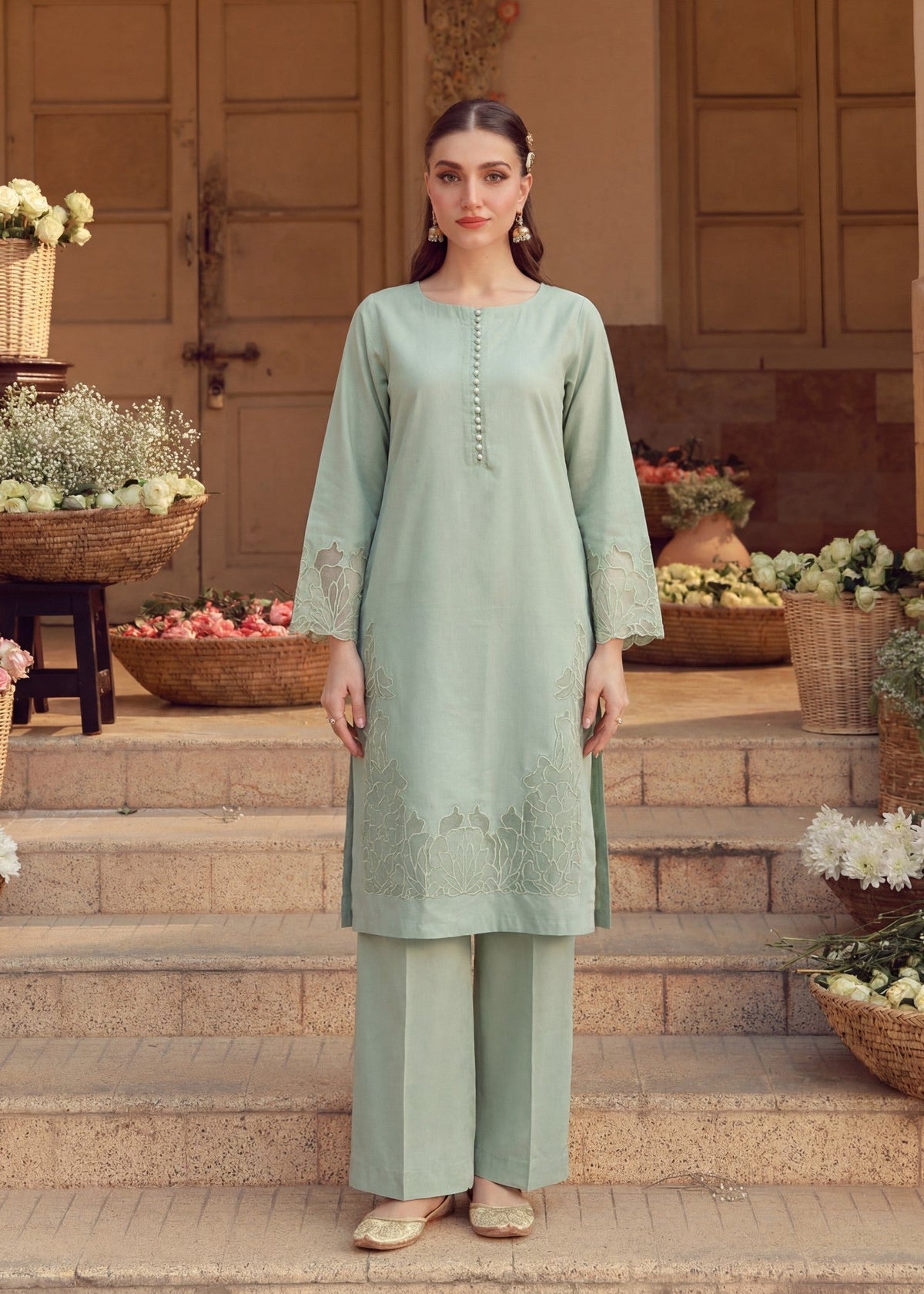 Embroidered Lawn Long Kurta 2-Piece Suit – Pistachio Green, Summer Wear