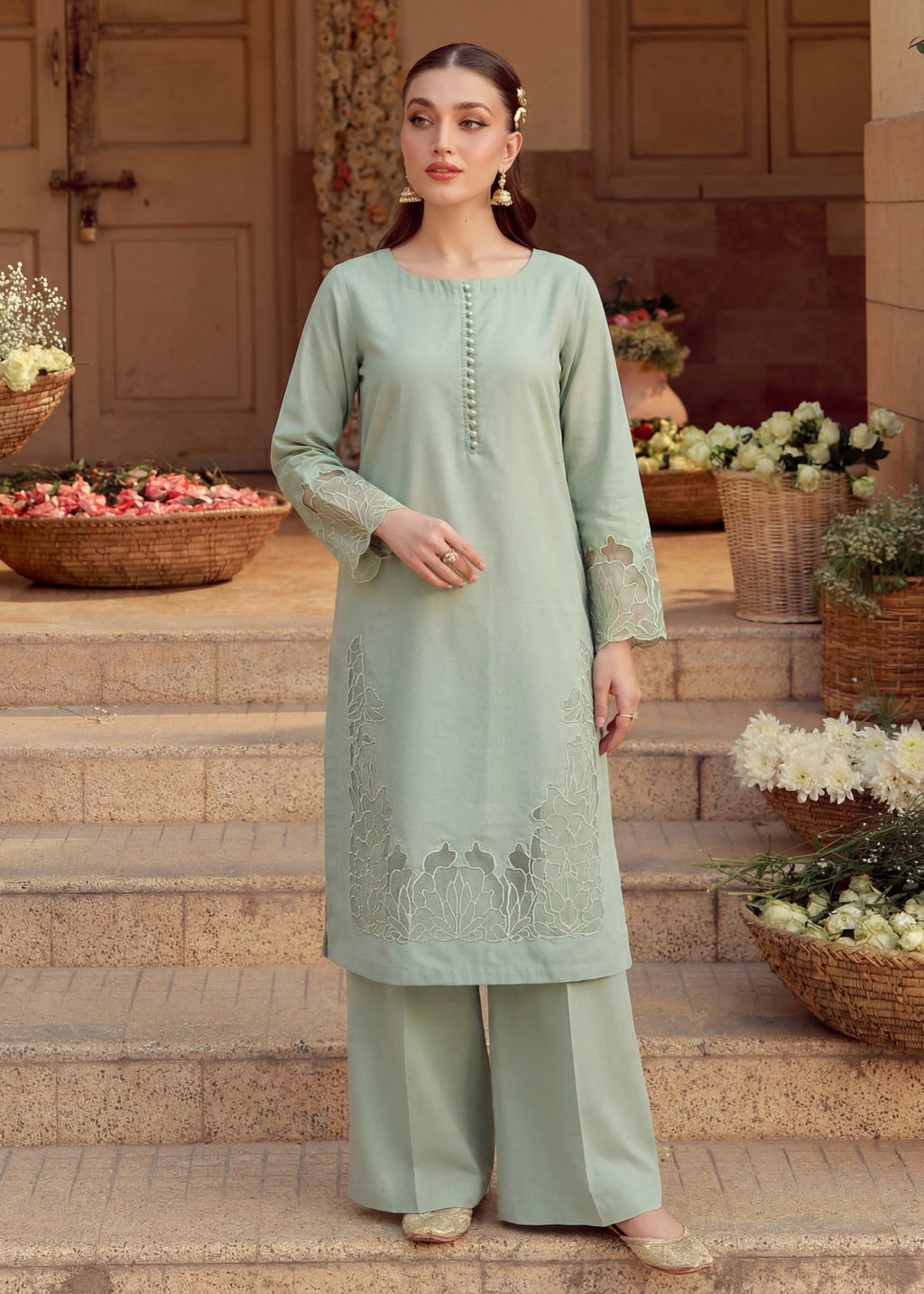 Embroidered Lawn Long Kurta 2-Piece Suit – Pistachio Green, Summer Wear