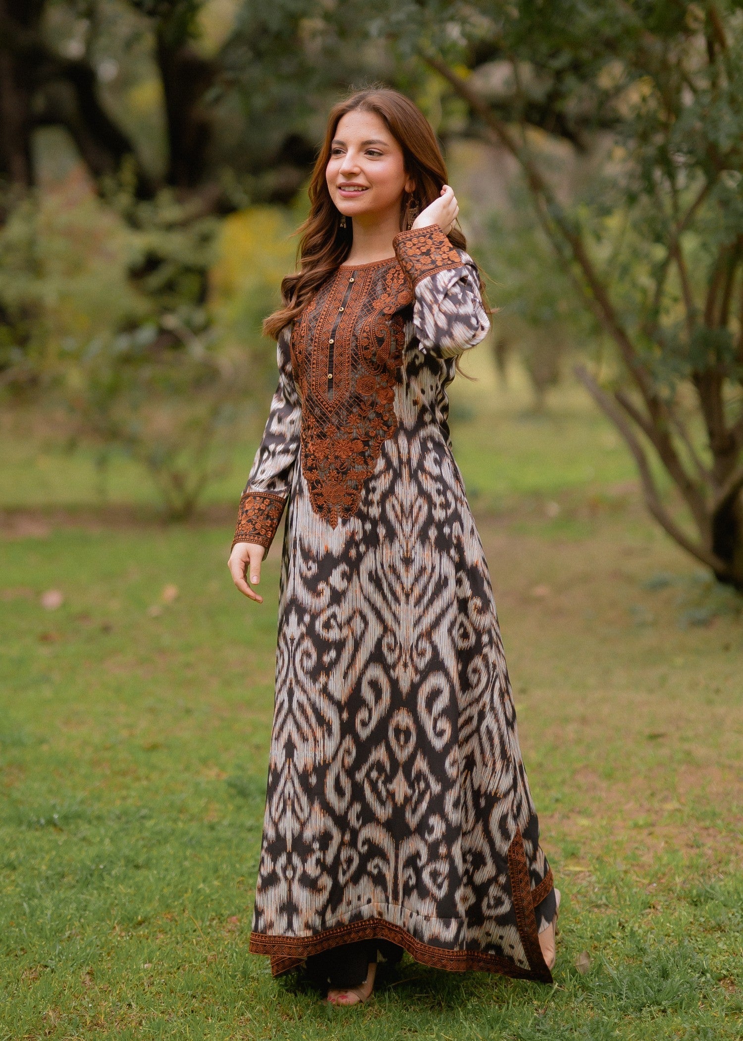 Embroidered Poly Silk A-Line Kurta 2-Piece Suit – Black, Burnt Umber, Khaki Brown