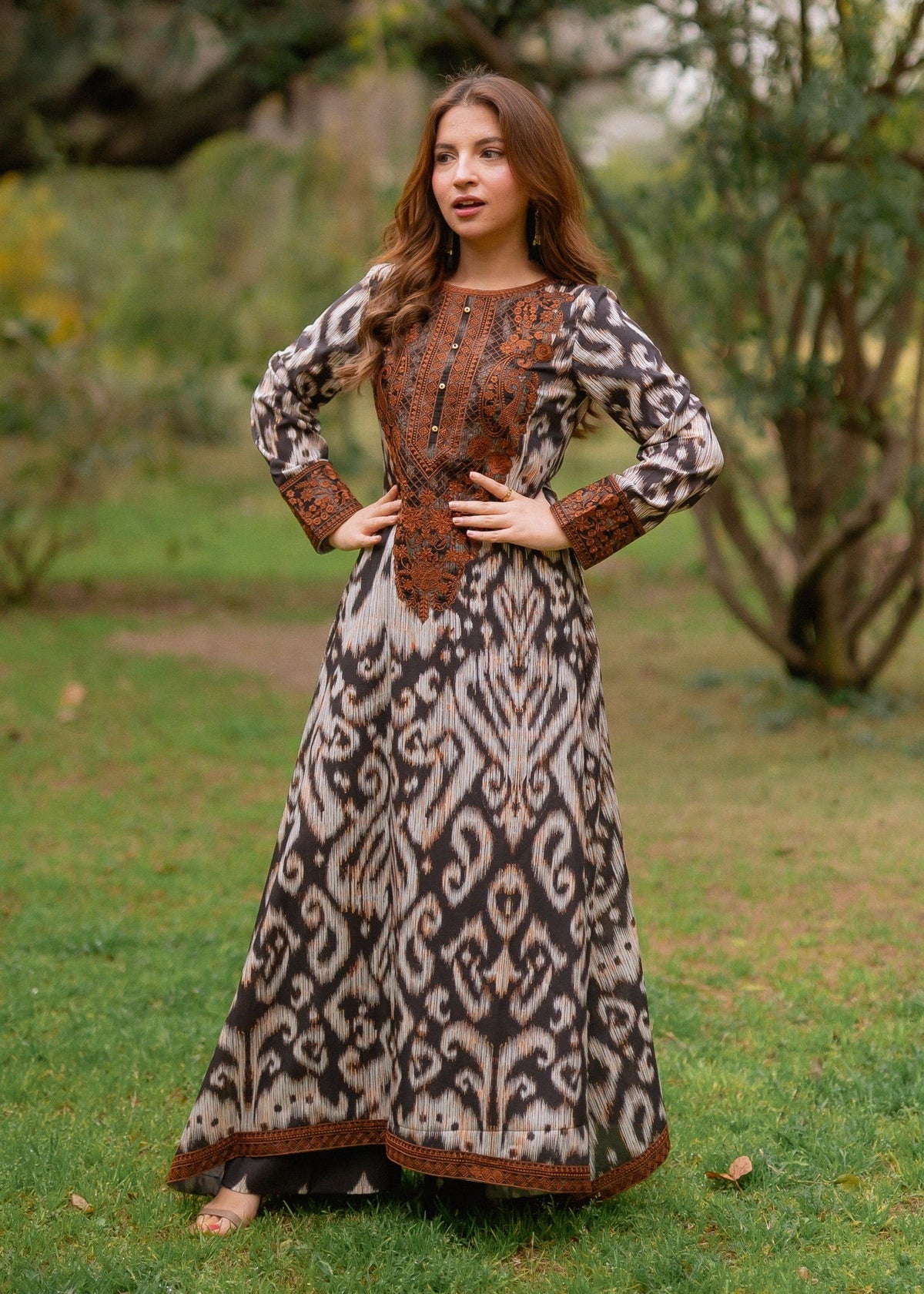 Embroidered Poly Silk A-Line Kurta 2-Piece Suit – Black, Burnt Umber, Khaki Brown
