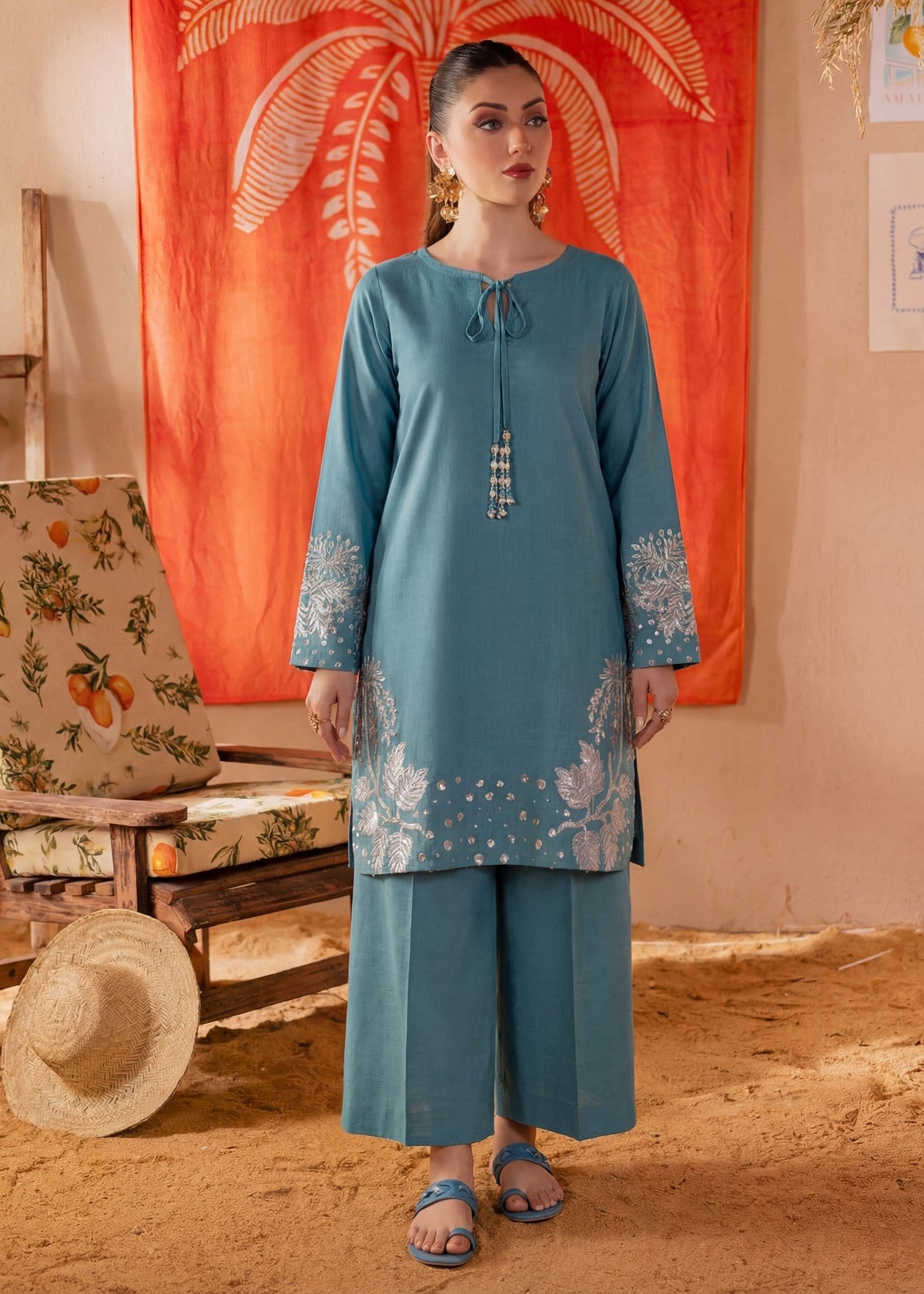 Embroidered Lawn Flapper Suit – Steel Blue, Summer Wear