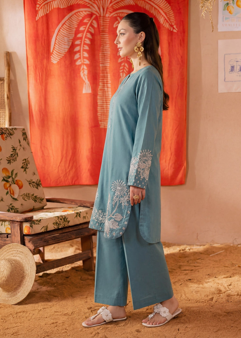Embroidered Lawn Flapper Suit – Steel Blue, Summer Wear