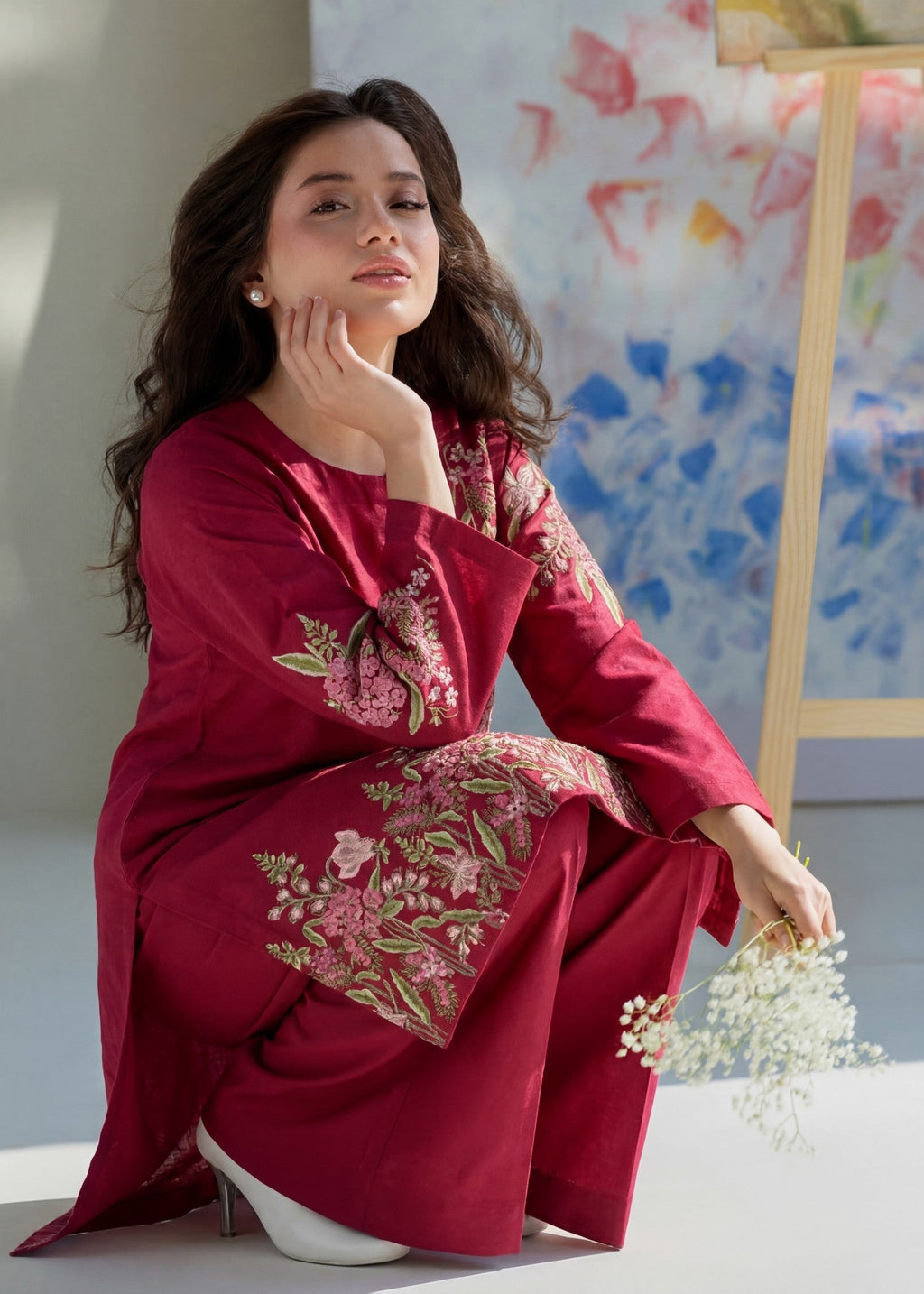 Embroidered Textured Lawn Palazzo Suit – Crimson, Summer Wear