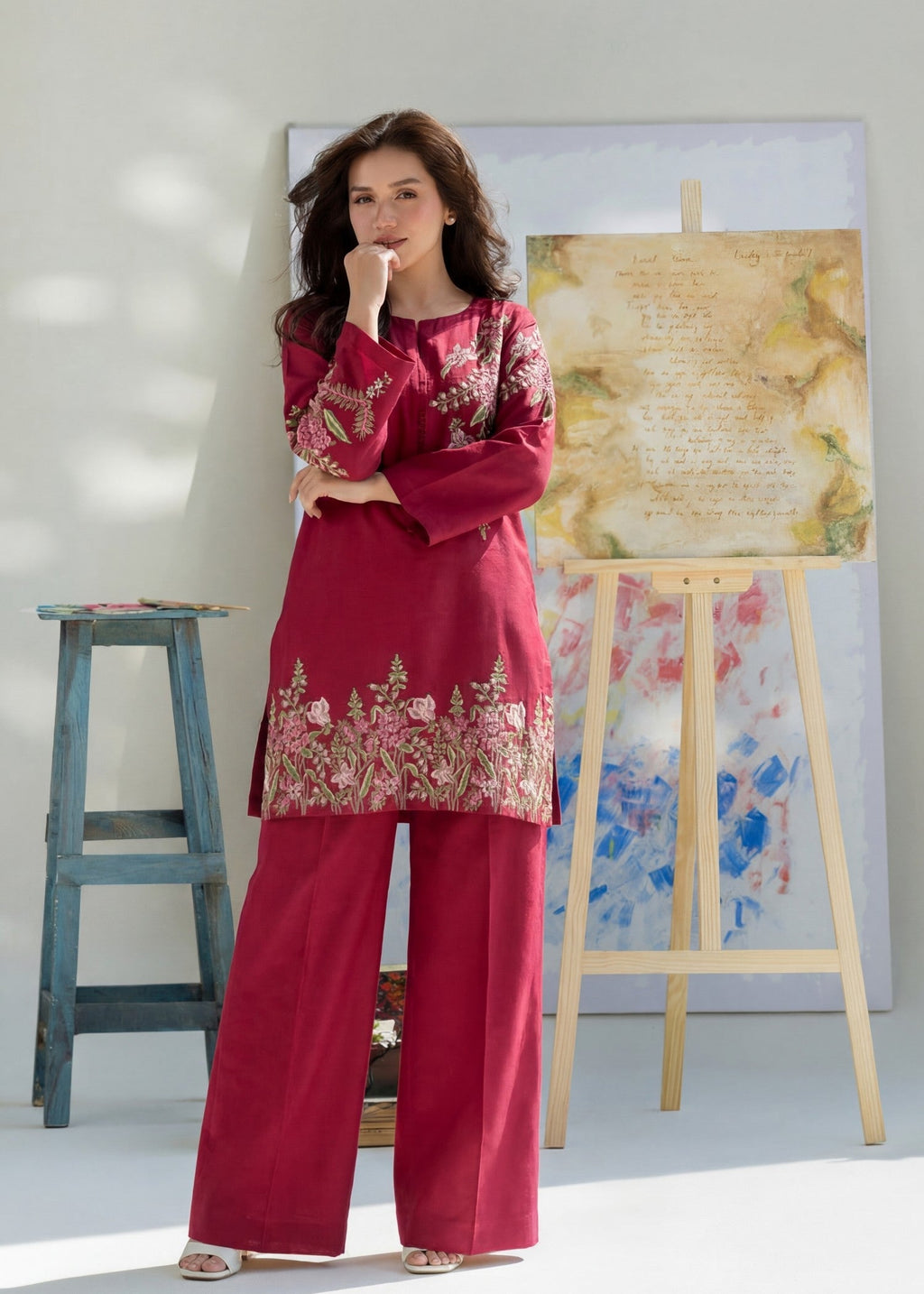 Embroidered Textured Lawn Palazzo Suit – Crimson, Summer Wear
