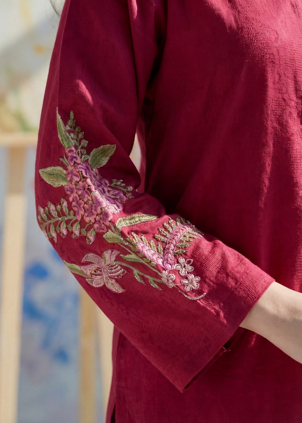 Embroidered Textured Lawn Palazzo Suit – Crimson, Summer Wear