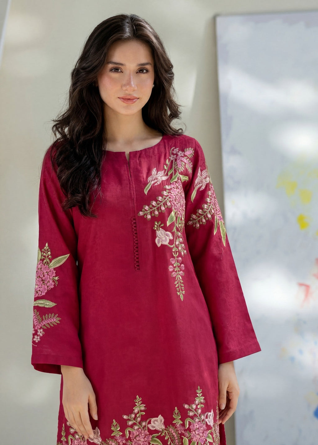 Embroidered Textured Lawn Palazzo Suit – Crimson, Summer Wear