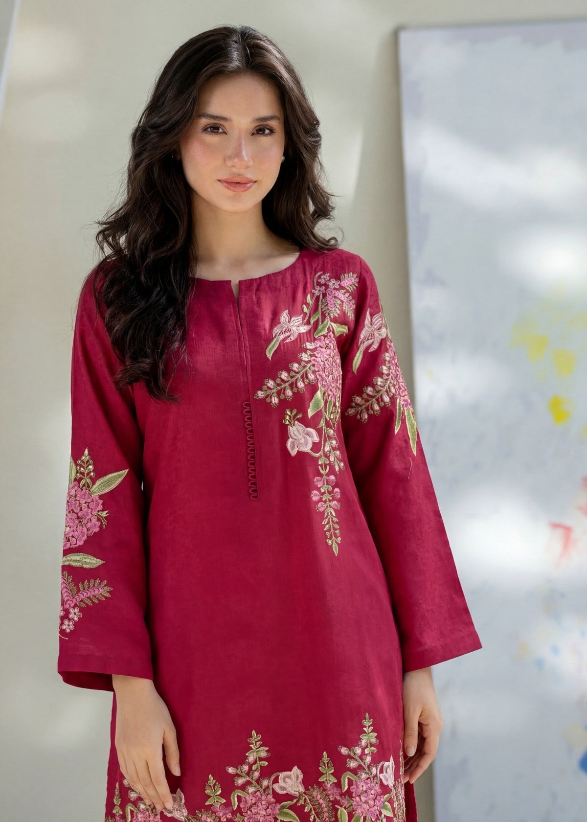 Embroidered Textured Lawn Palazzo Suit – Crimson, Summer Wear