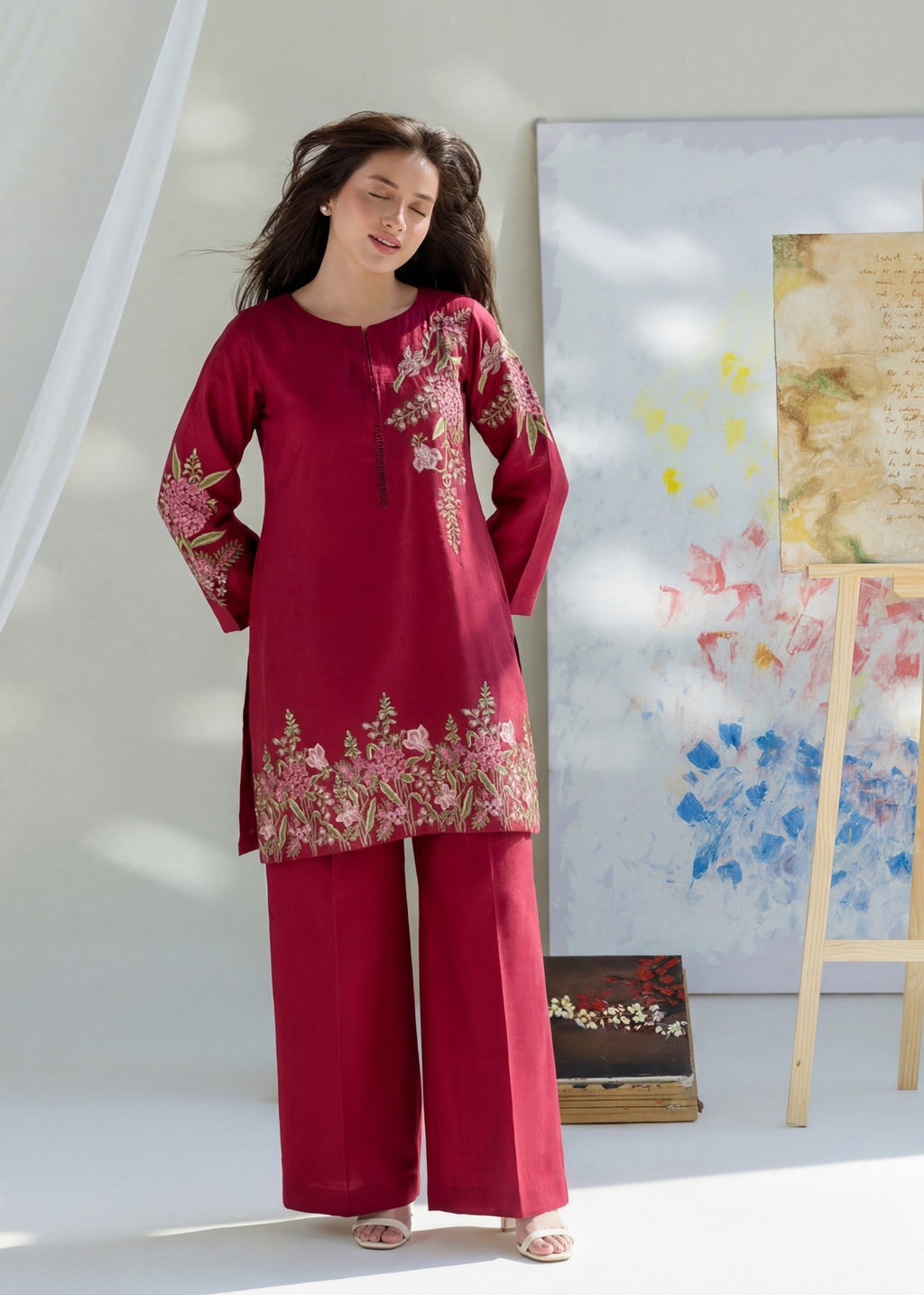 Embroidered Textured Lawn Palazzo Suit – Crimson, Summer Wear