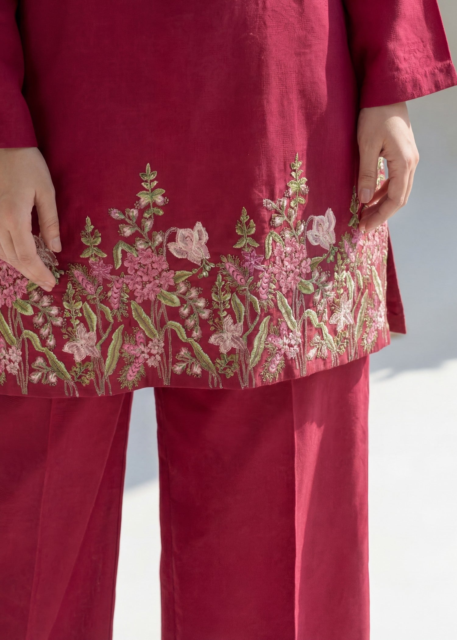 Embroidered Textured Lawn Palazzo Suit – Crimson, Summer Wear