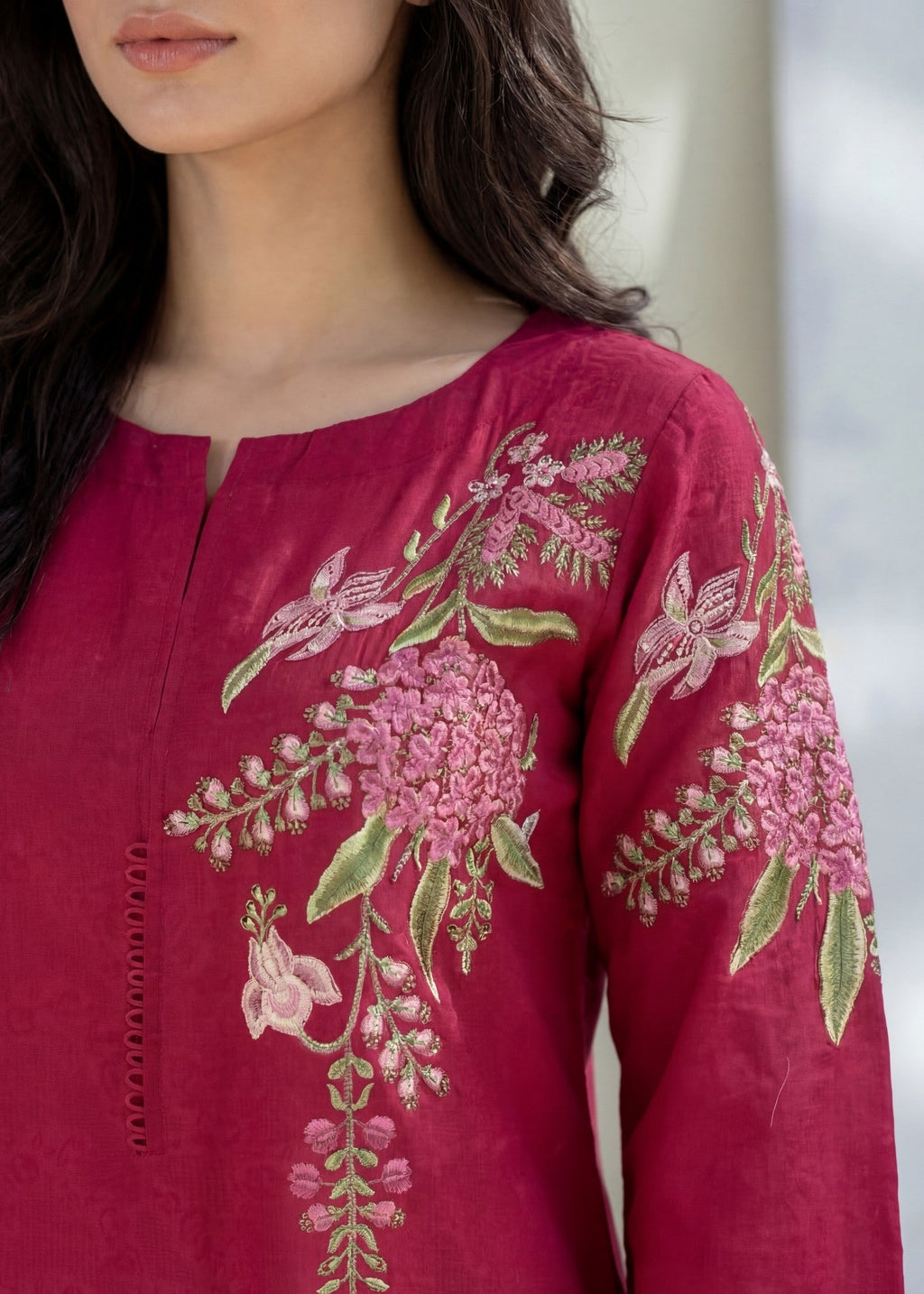 Embroidered Textured Lawn Palazzo Suit – Crimson, Summer Wear