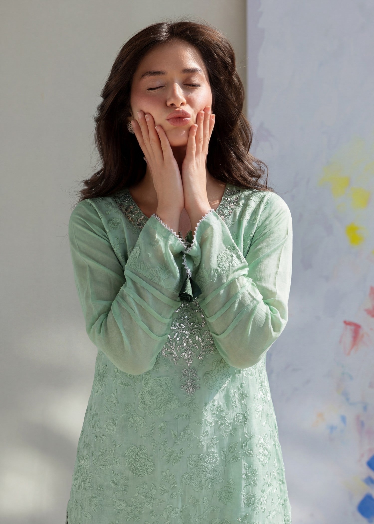Embroidered Khaddi Net 3-Piece Suit – Green, Chiffon Dupatta