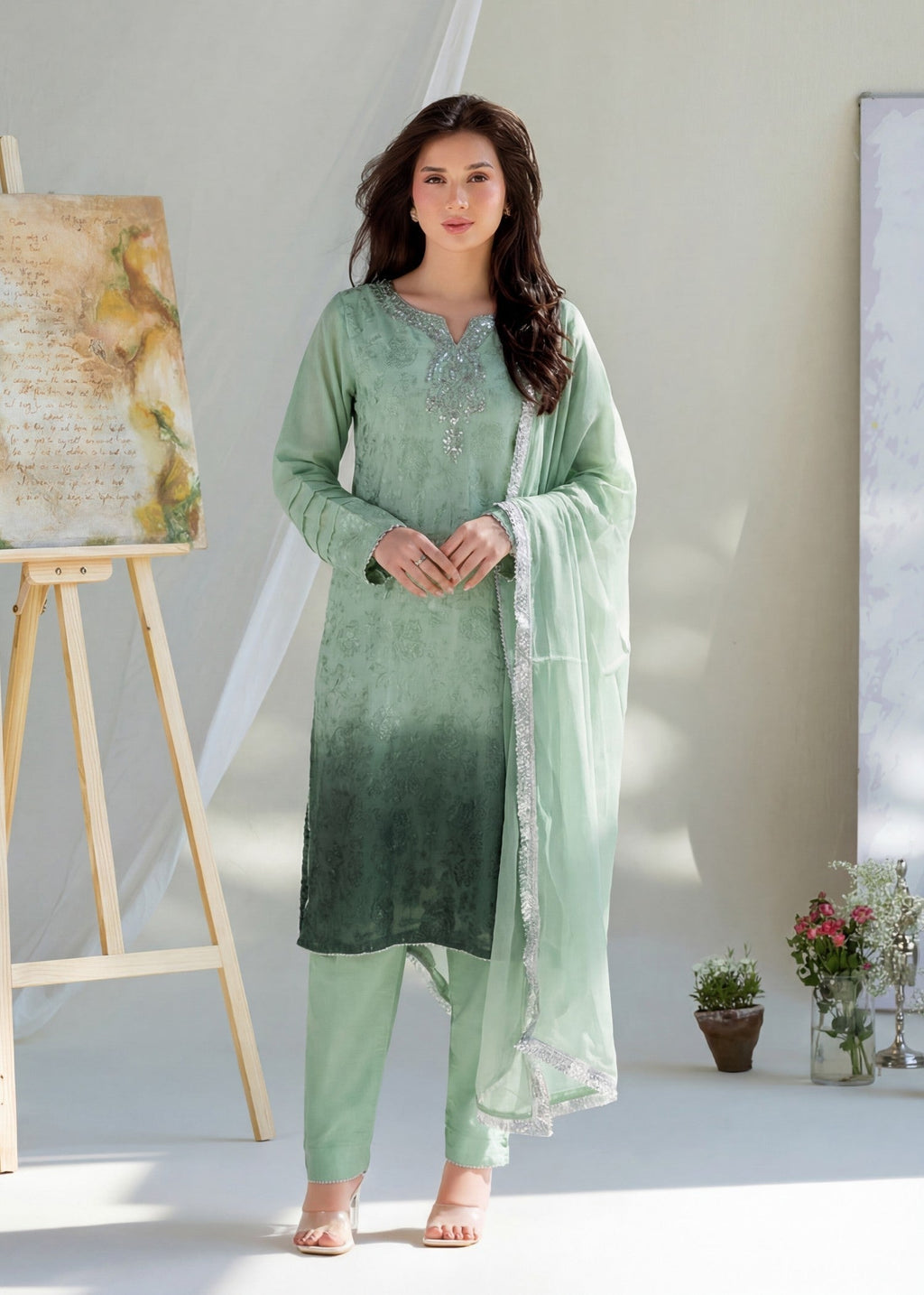 Embroidered Khaddi Net 3-Piece Suit – Green, Chiffon Dupatta