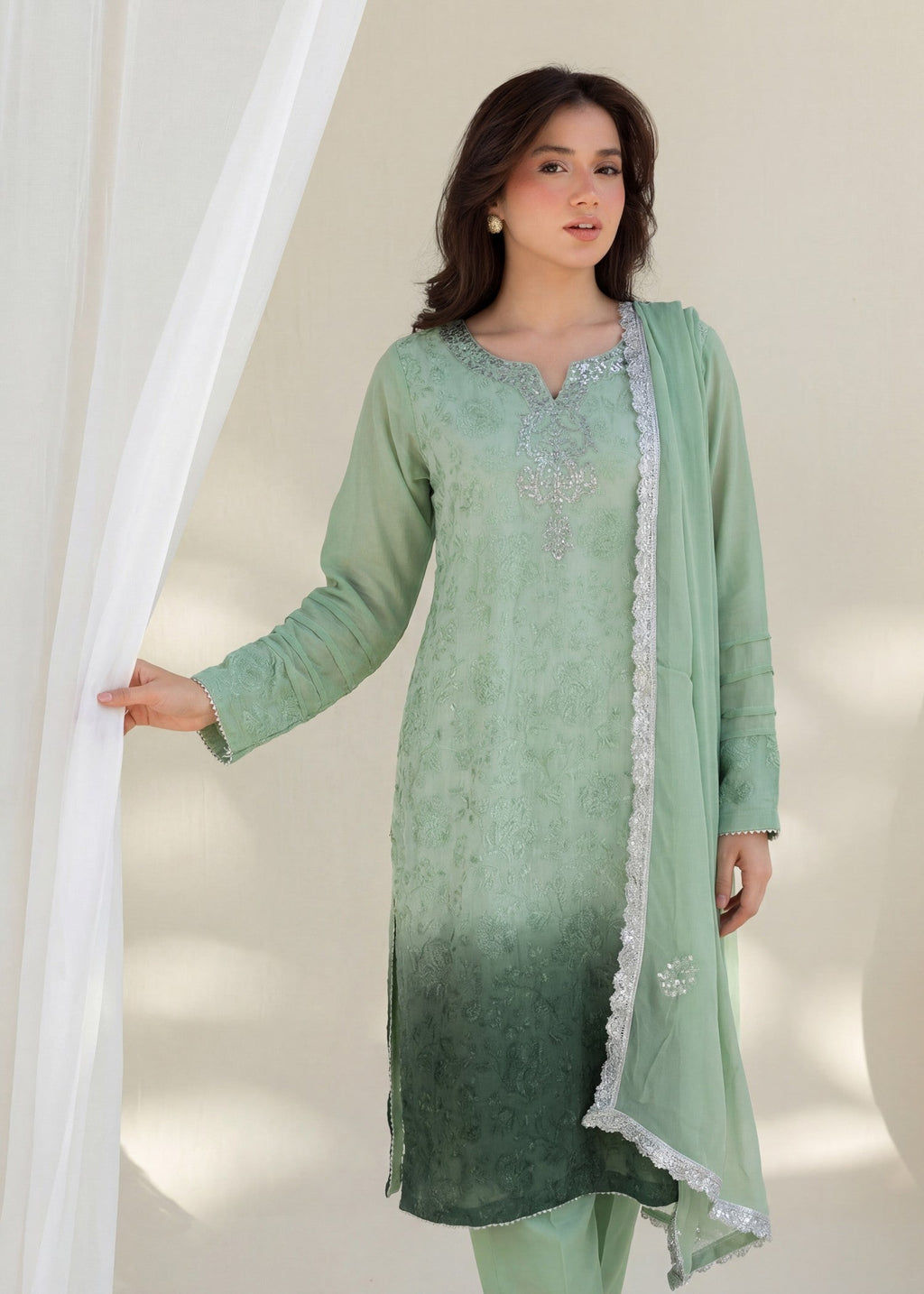 Embroidered Khaddi Net 3-Piece Suit – Green, Chiffon Dupatta