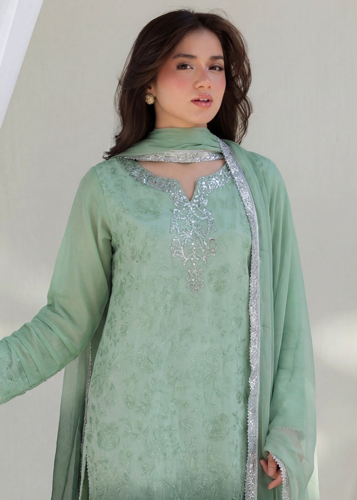 Embroidered Khaddi Net 3-Piece Suit – Green, Chiffon Dupatta