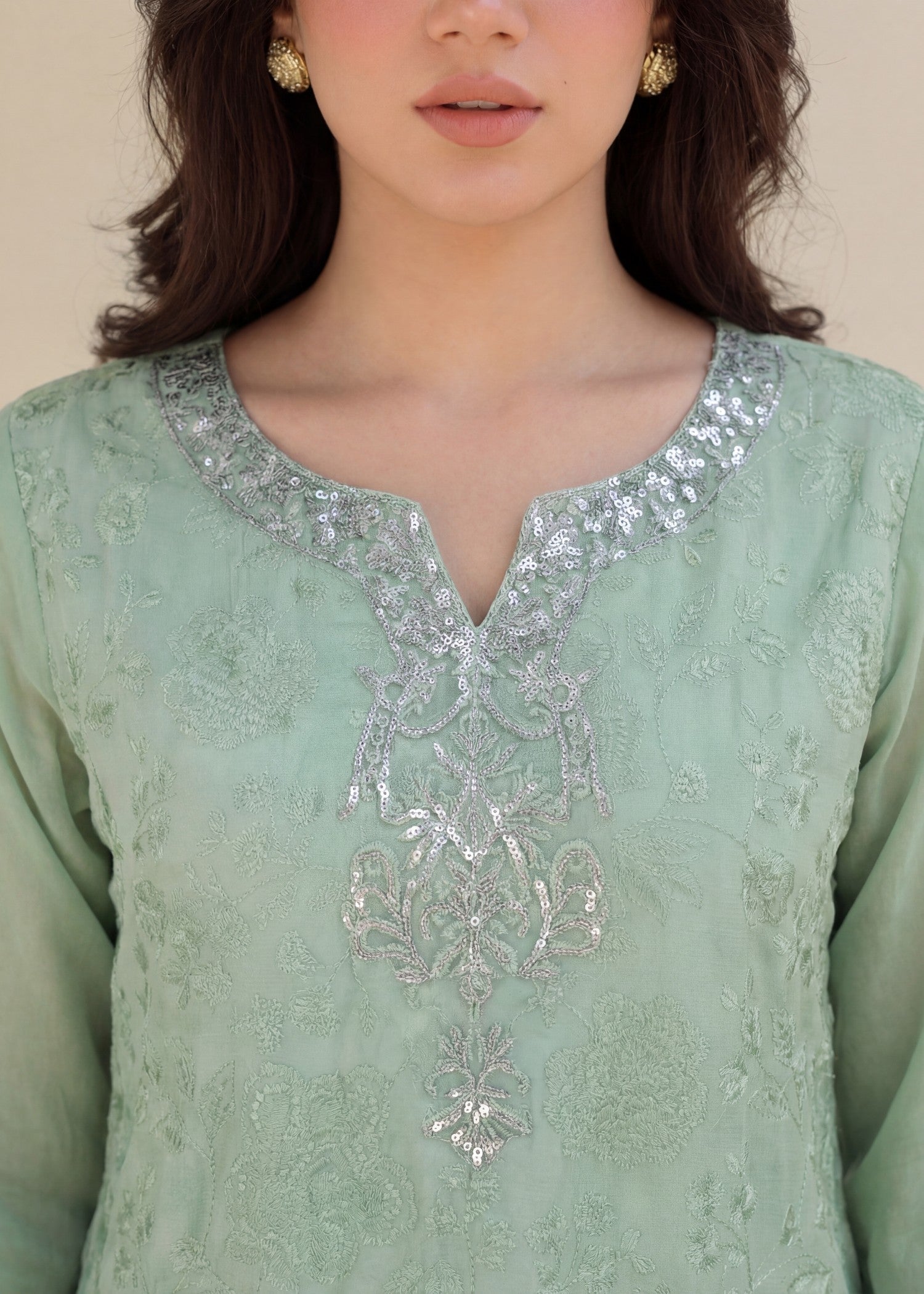 Embroidered Khaddi Net 3-Piece Suit – Green, Chiffon Dupatta