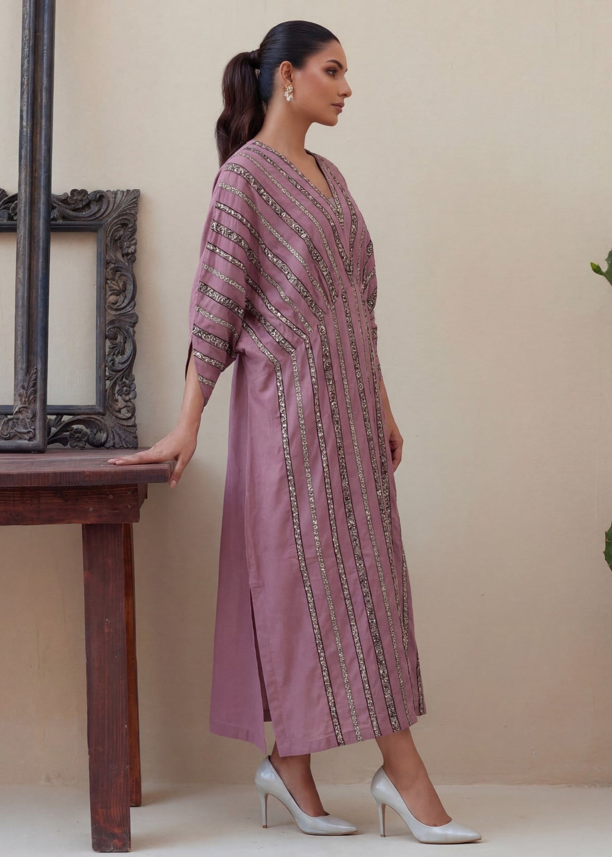 Embroidered Lawn Long Kaftan – Pink, Summer Wear