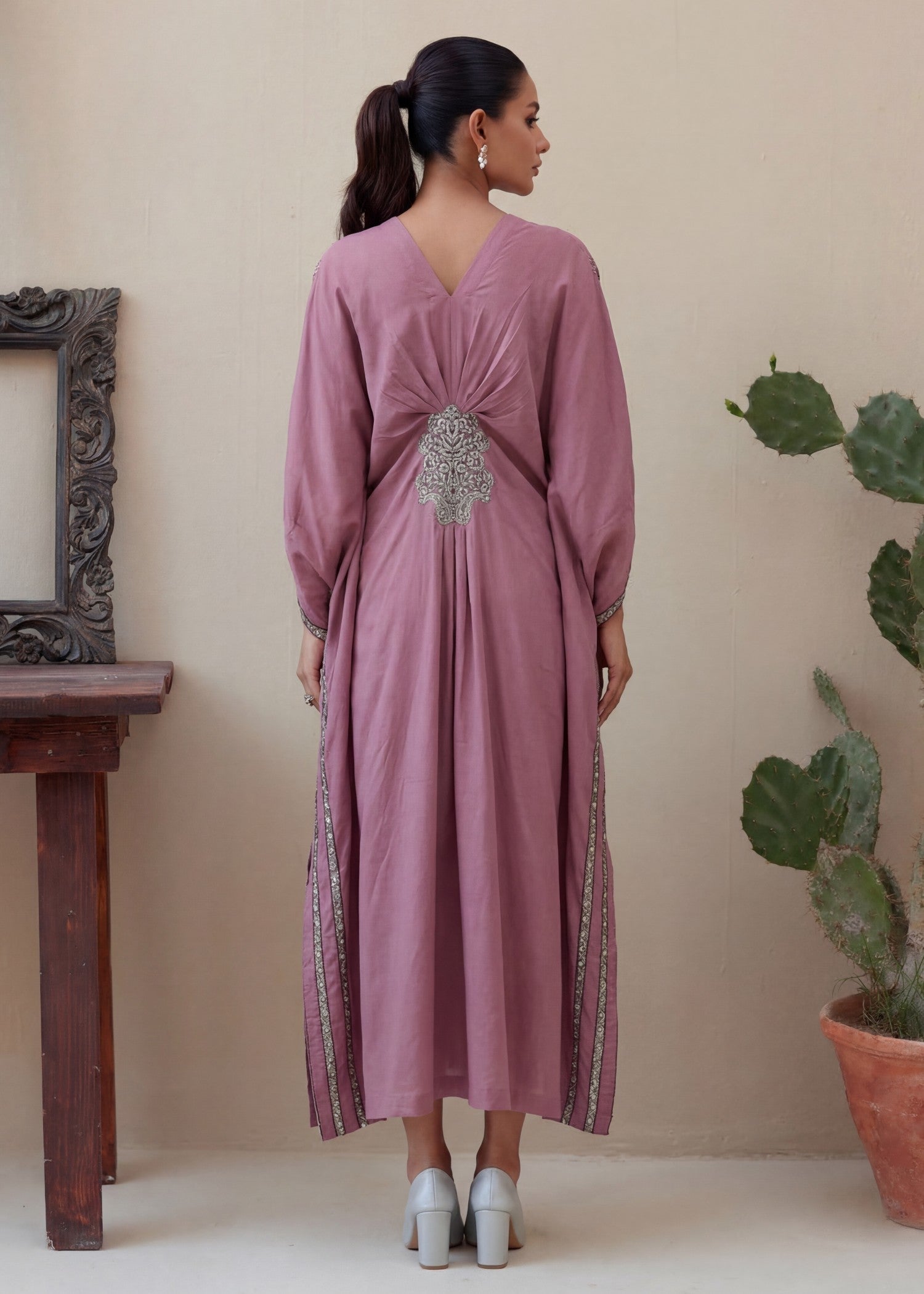 Embroidered Lawn Long Kaftan – Pink, Summer Wear