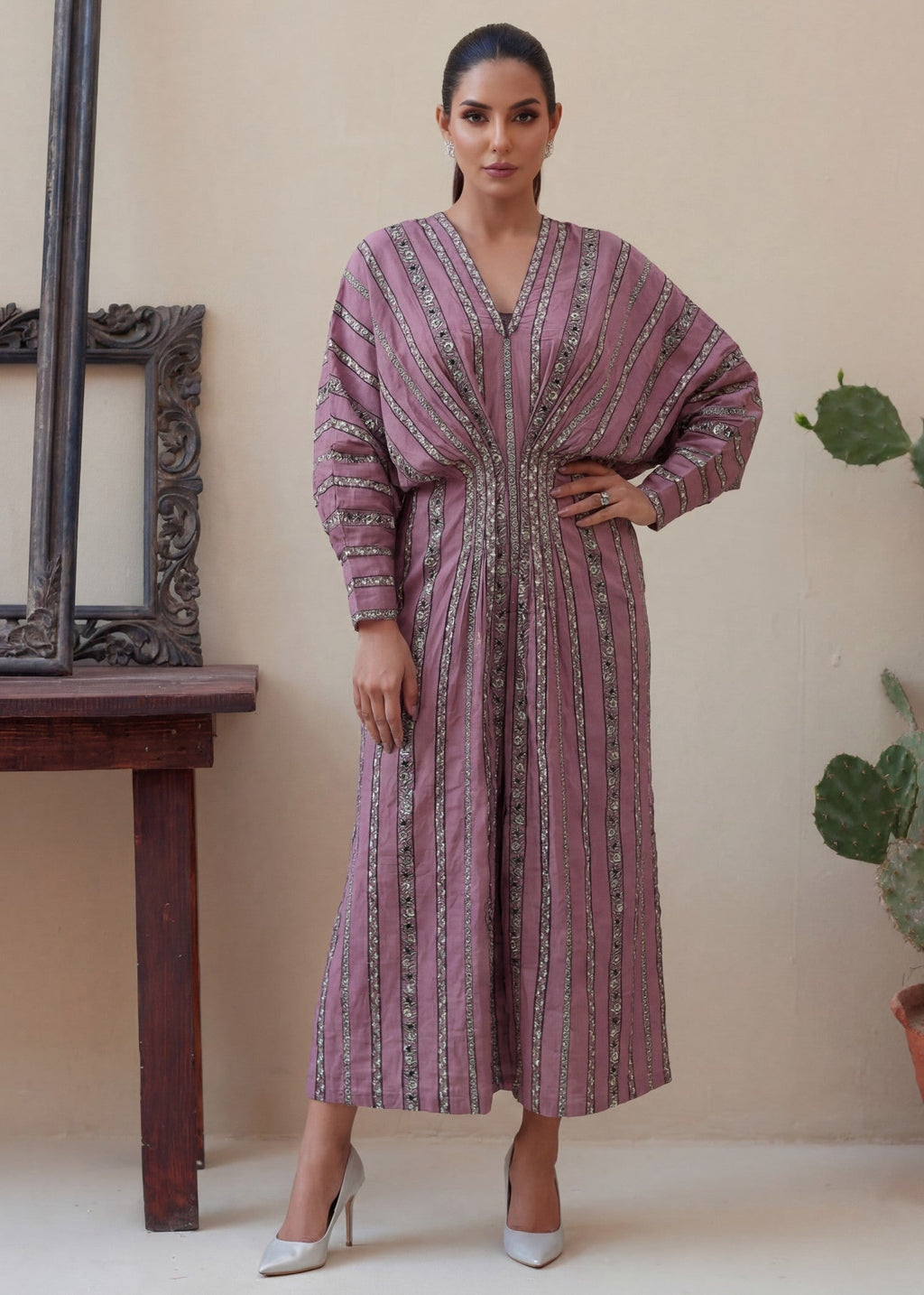 Embroidered Lawn Long Kaftan – Pink, Summer Wear
