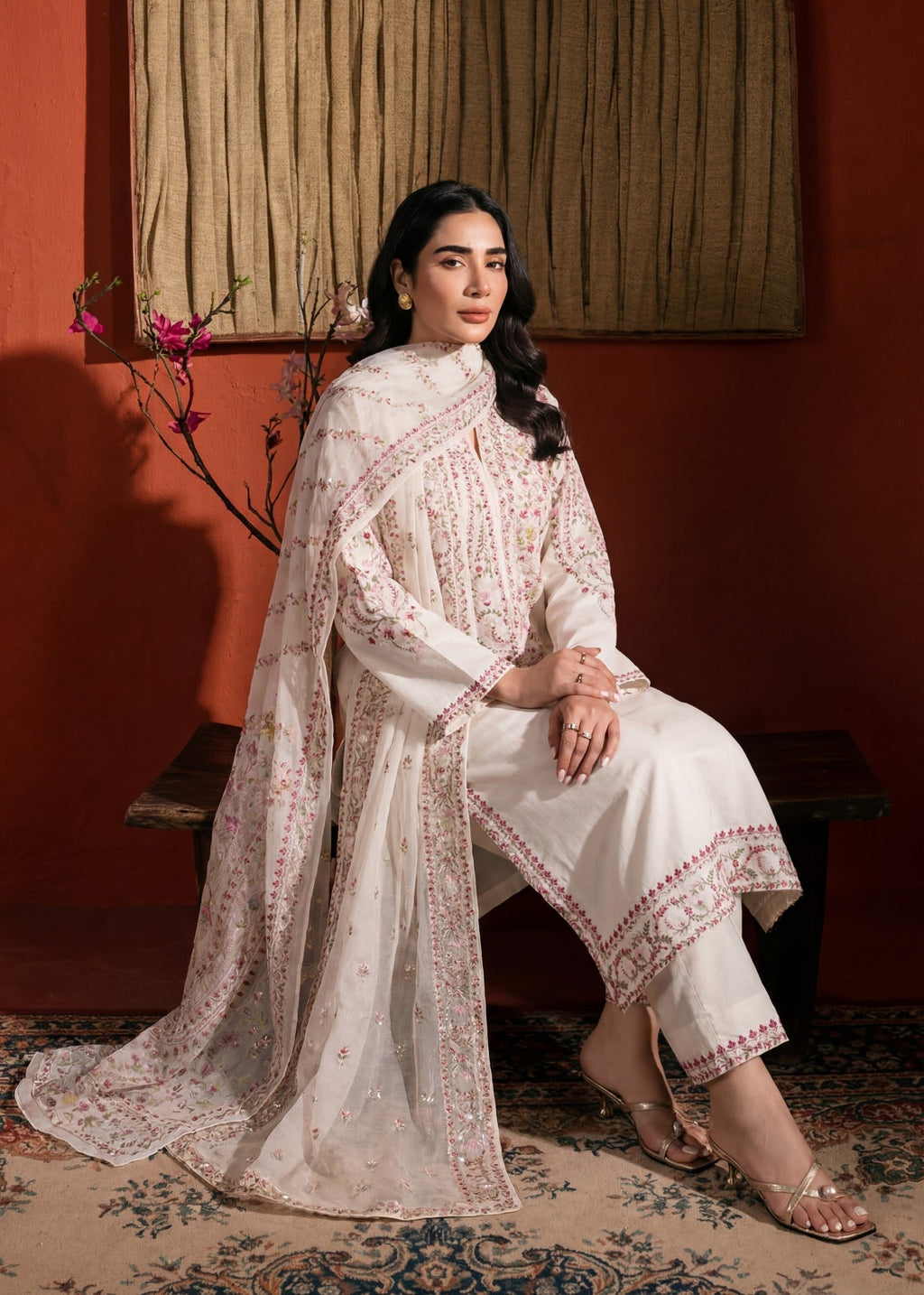 Embroidered Lawn 3-Piece Suit – White, Voile Dupatta
