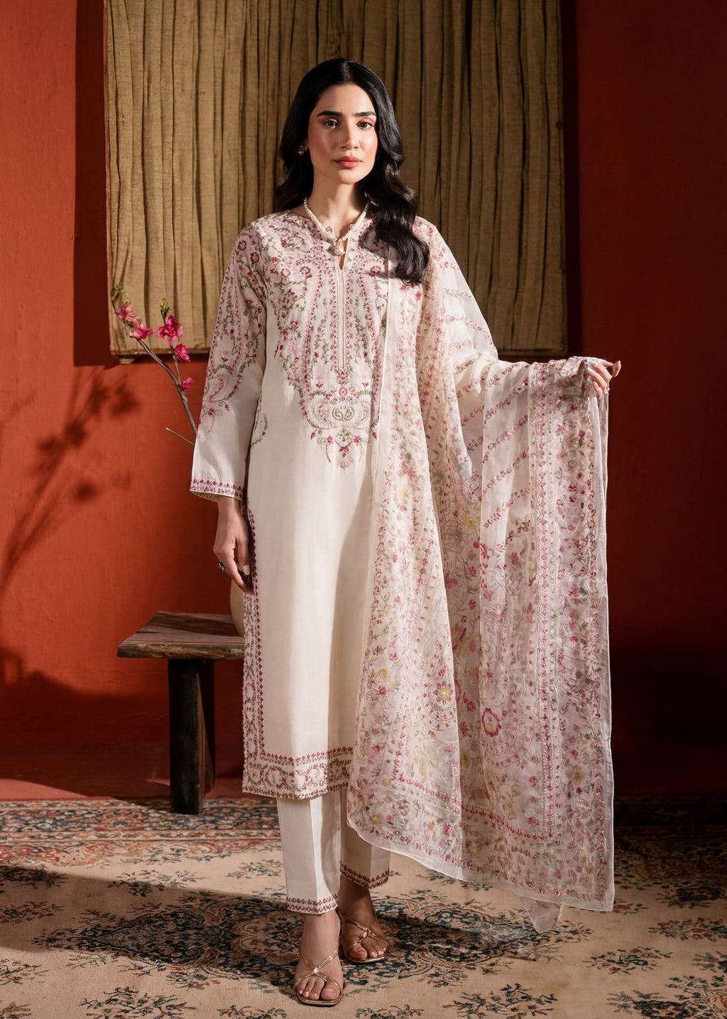 Embroidered Lawn 3-Piece Suit – White, Voile Dupatta