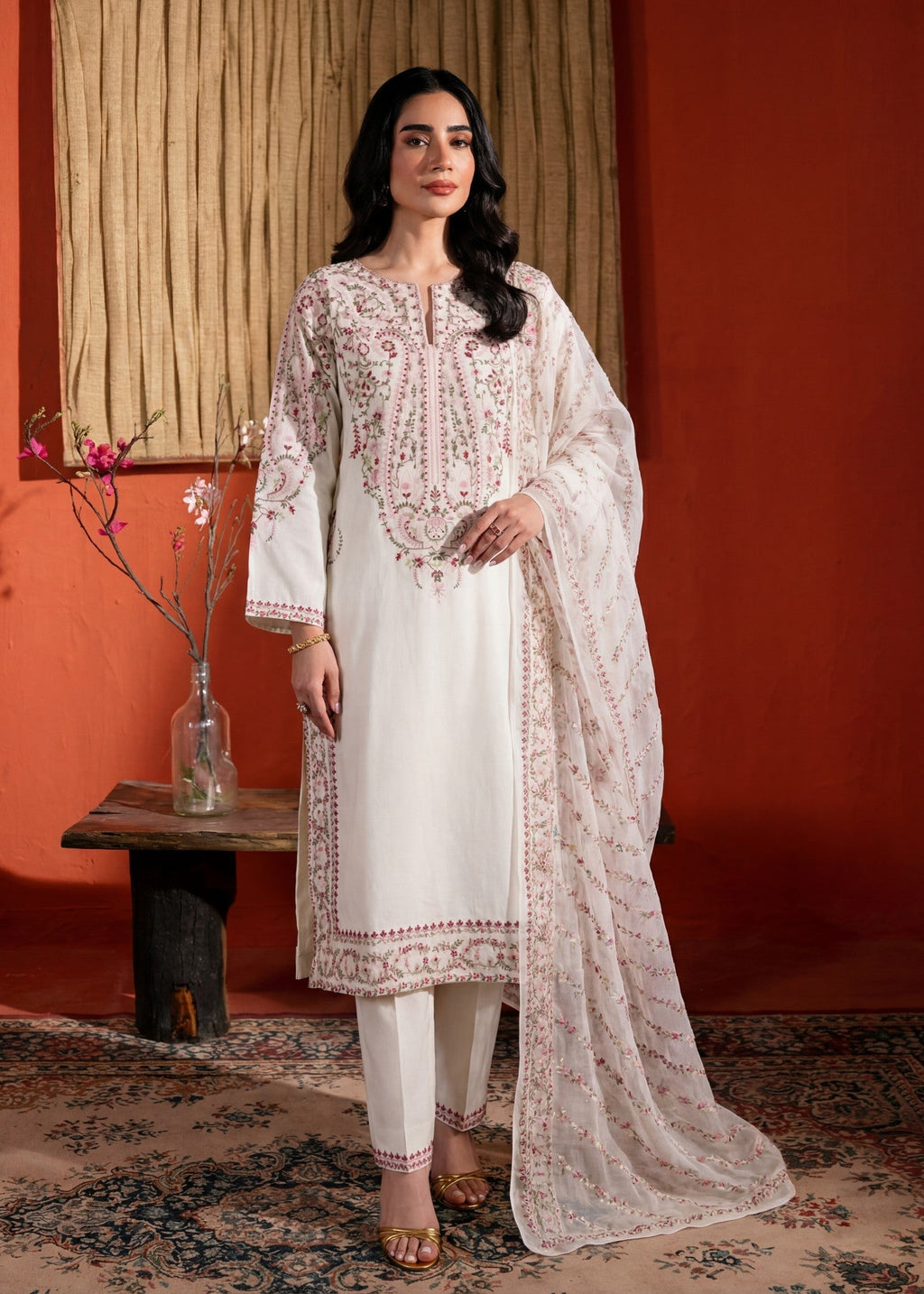 Embroidered Lawn 3-Piece Suit – White, Voile Dupatta