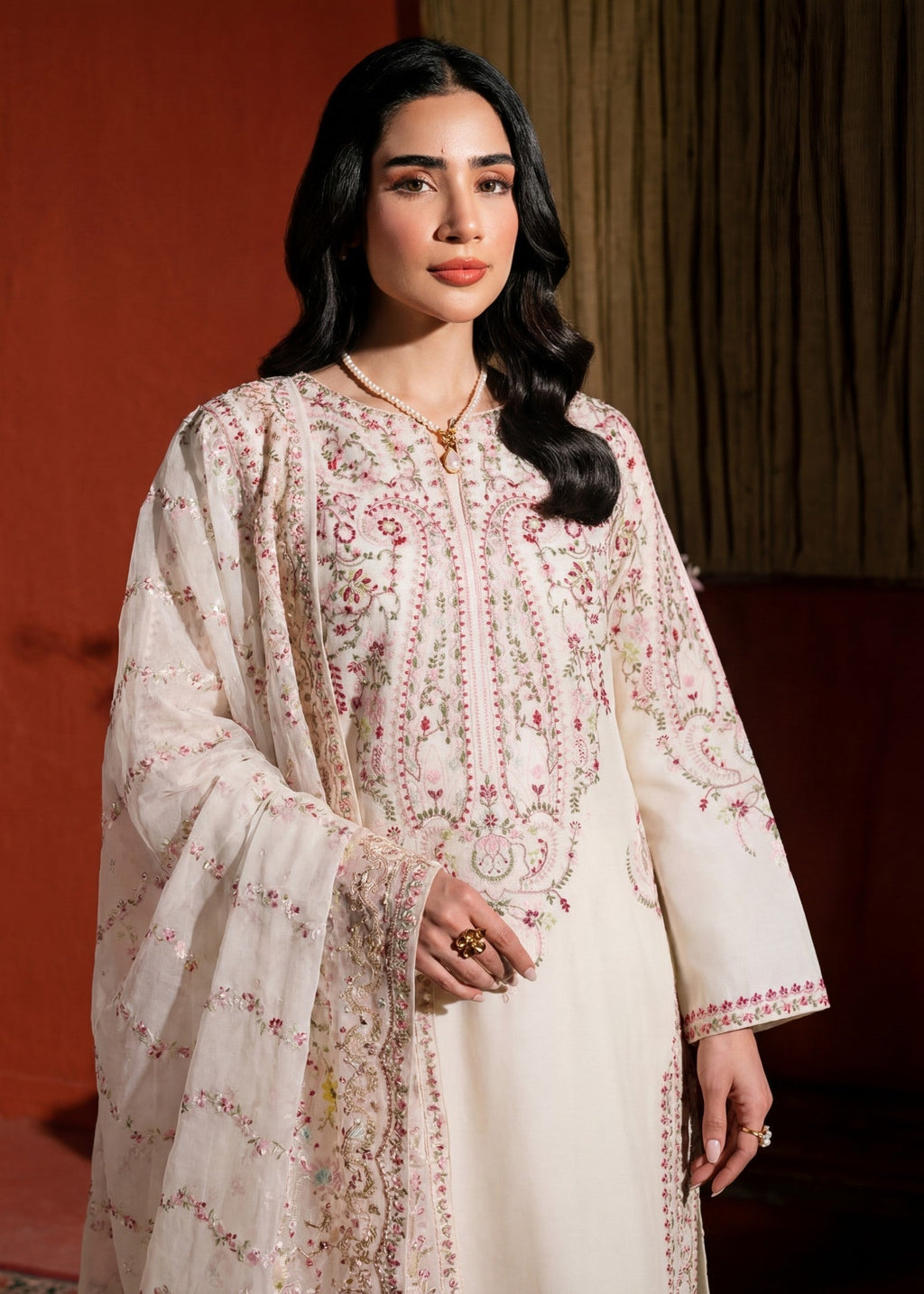 Embroidered Lawn 3-Piece Suit – White, Voile Dupatta