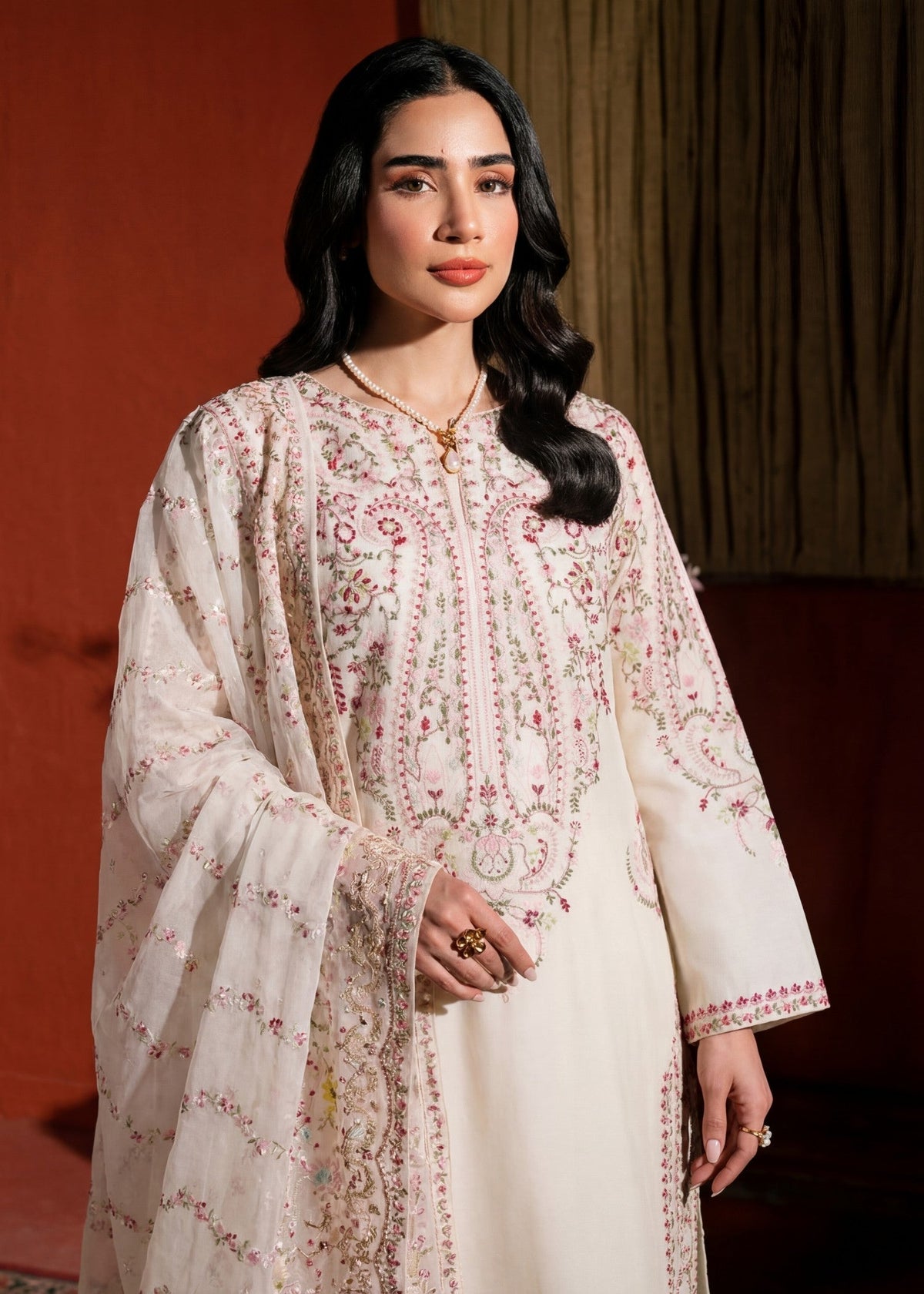 Embroidered Lawn 3-Piece Suit – White, Voile Dupatta