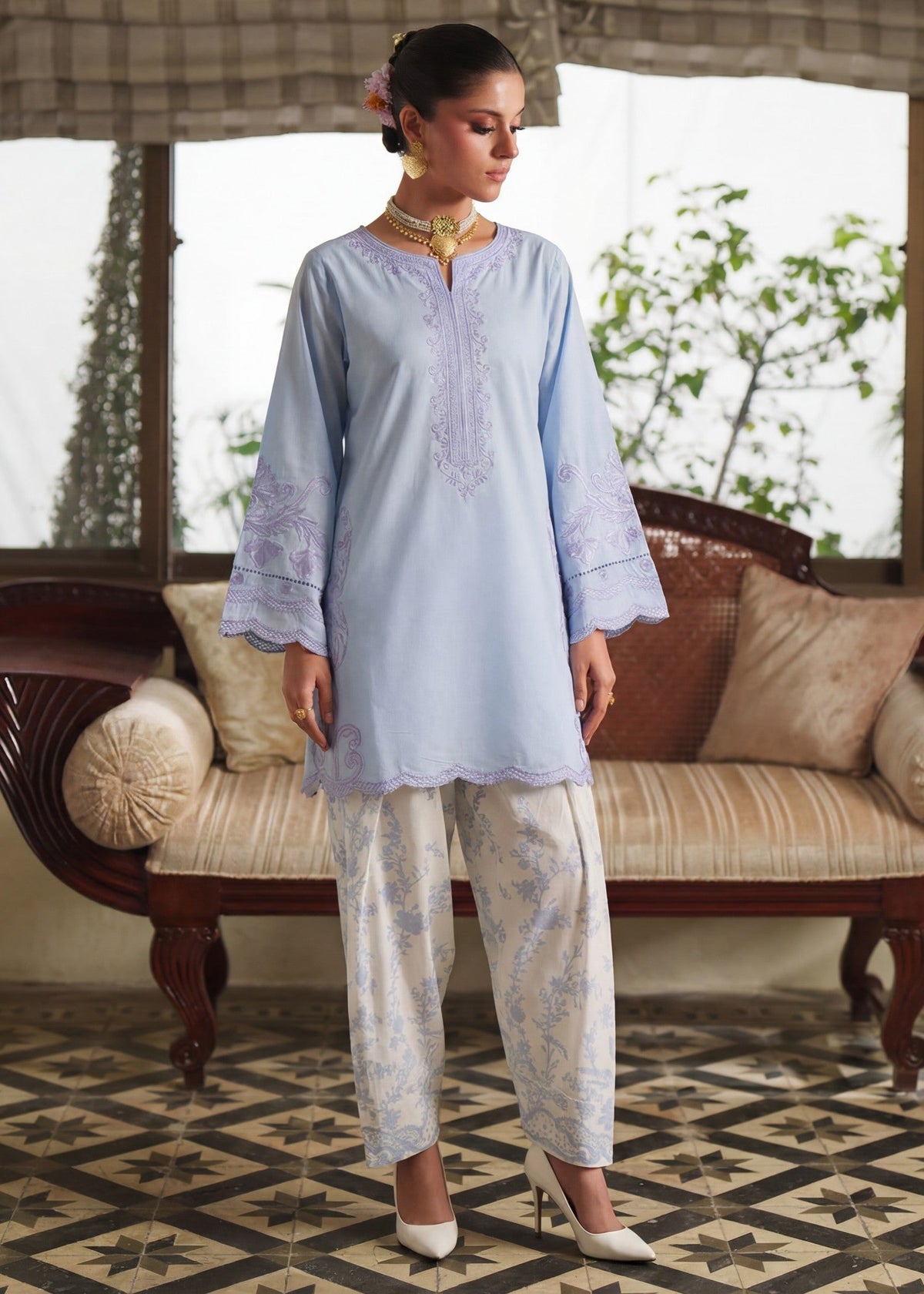 Embroidered Lawn 3-Piece Suit – Blue, Voile Dupatta