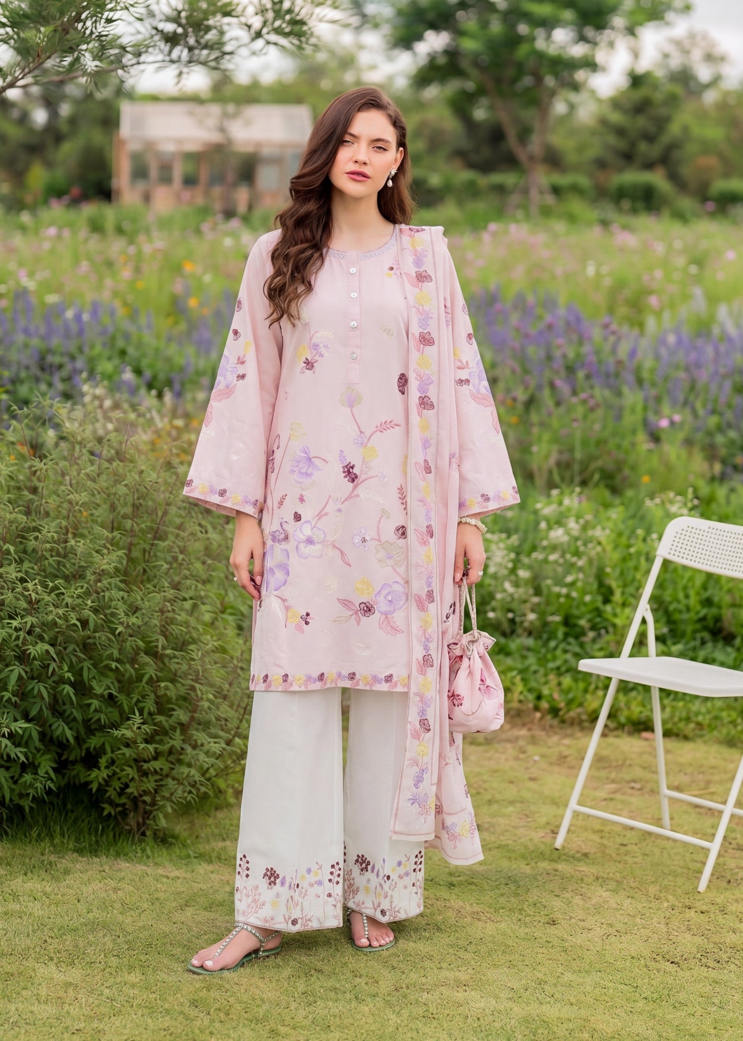 Embroidered Lawn Flapper Suit – Pink, Voile Dupatta
