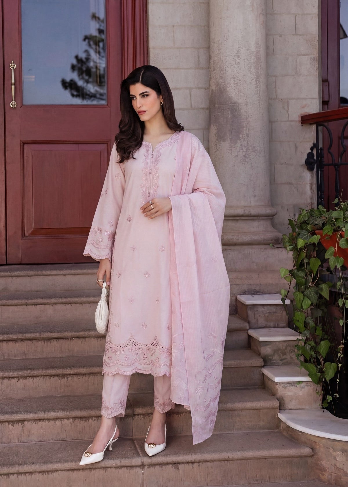 Embroidered Lawn 3-Piece Suit – Pink, Voile Dupatta