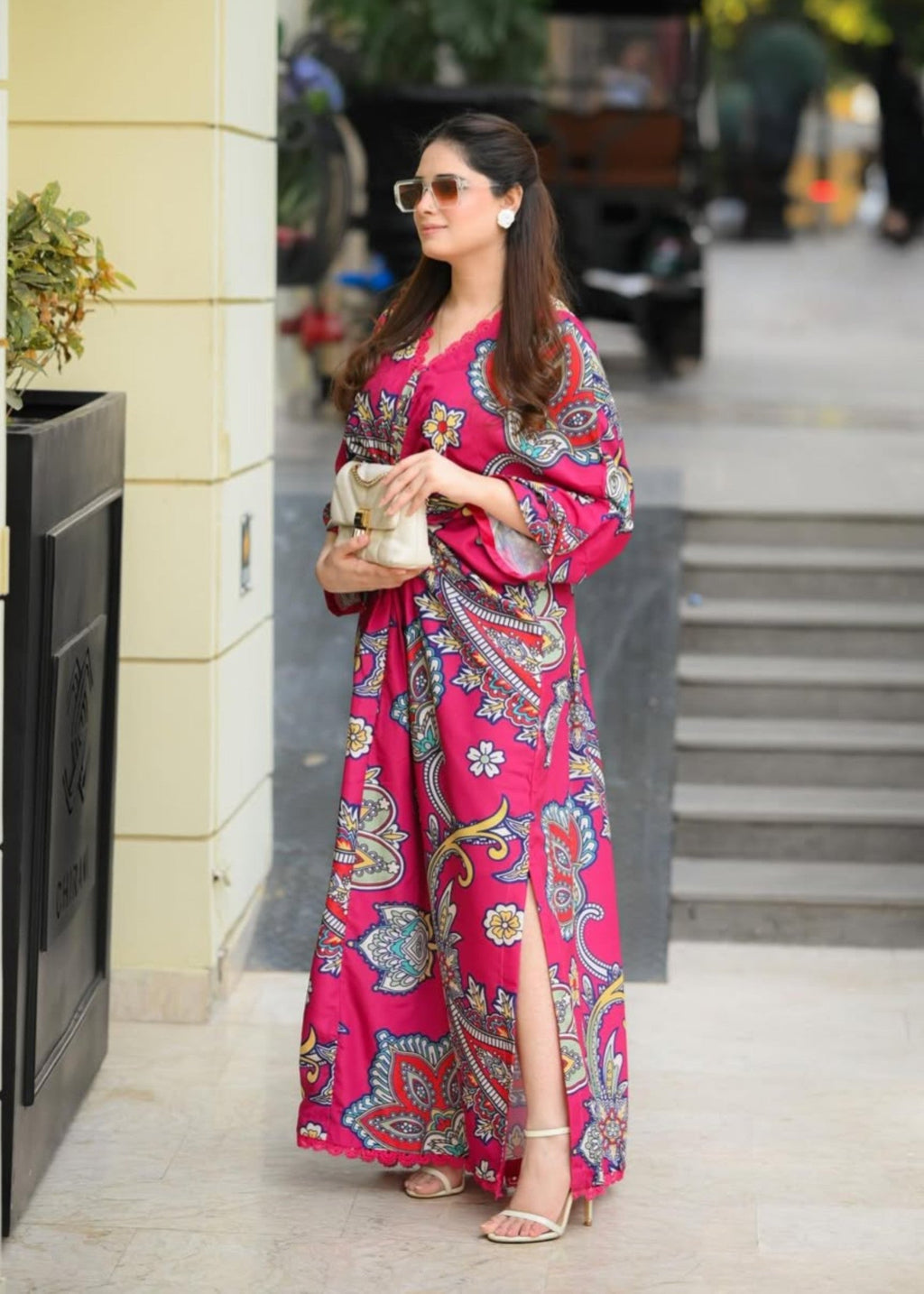 Printed Textured Lawn Long Kaftan – Hot Pink, Festive Wear