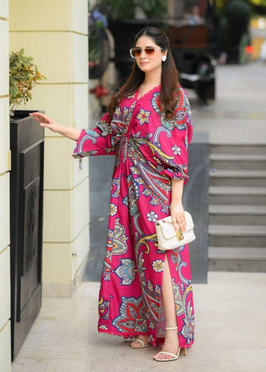 Printed Textured Lawn Long Kaftan – Hot Pink, Festive Wear