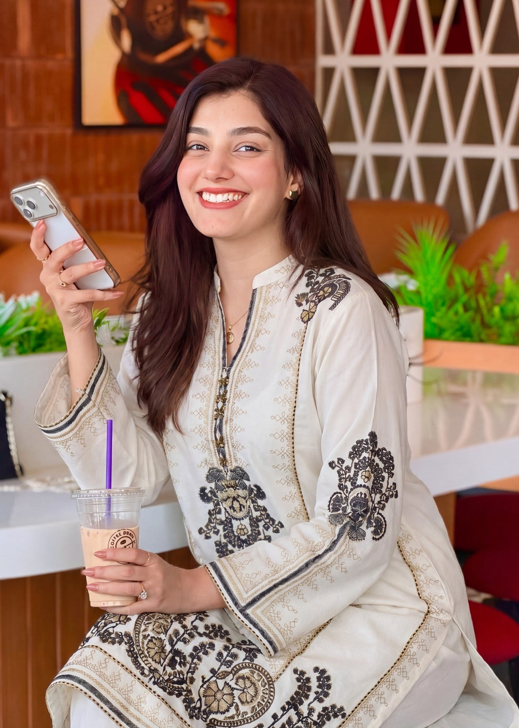 Printed Lawn Long Kurta 2-Piece Suit – Cream, Summer Wear