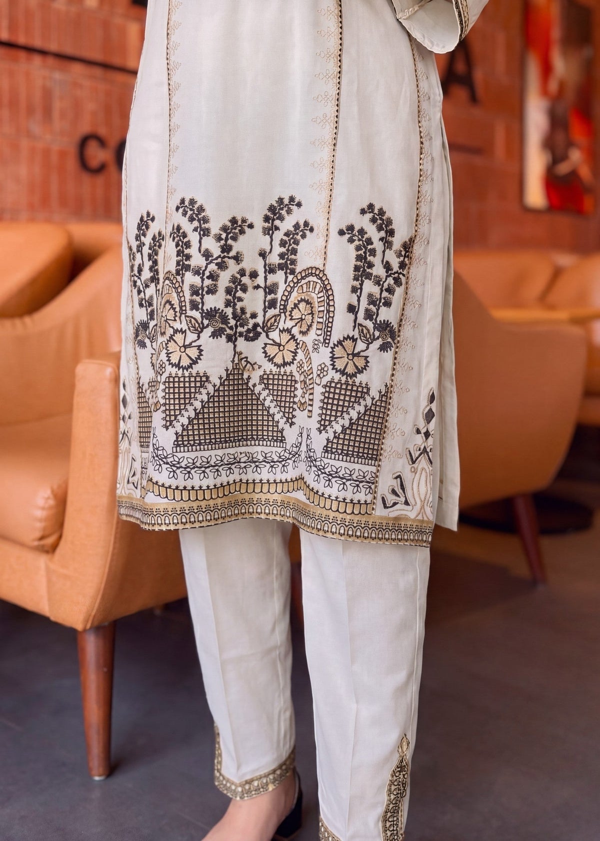 Printed Lawn Long Kurta 2-Piece Suit – Cream, Summer Wear