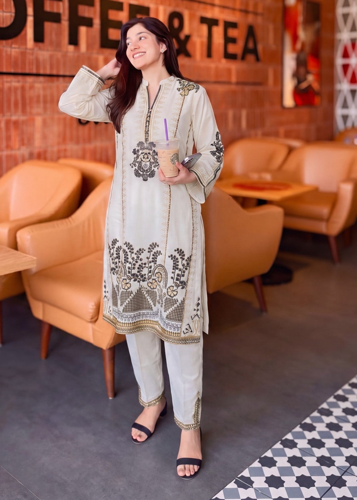 Printed Lawn Long Kurta 2-Piece Suit – Cream, Summer Wear