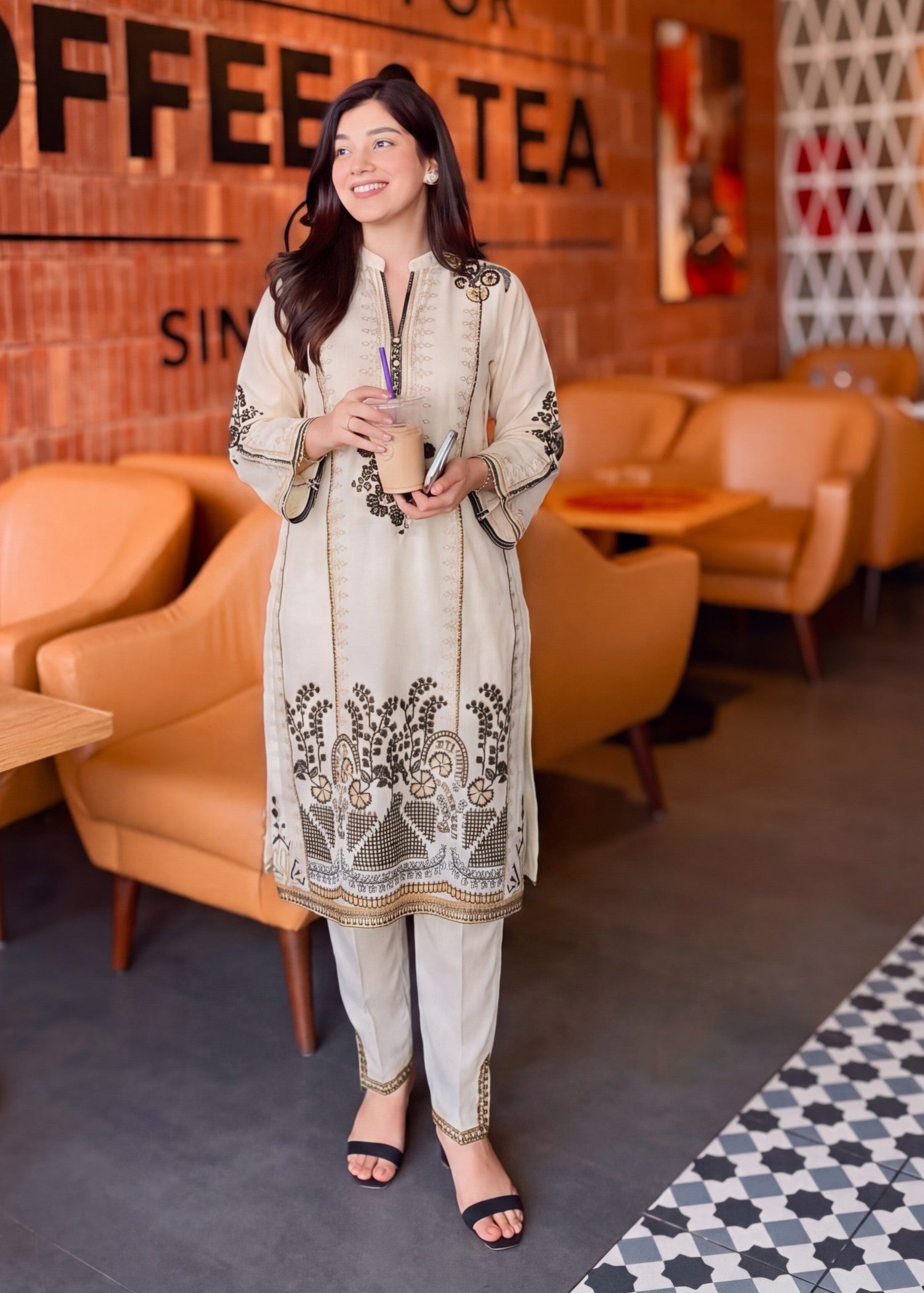 Printed Lawn Long Kurta 2-Piece Suit – Cream, Summer Wear