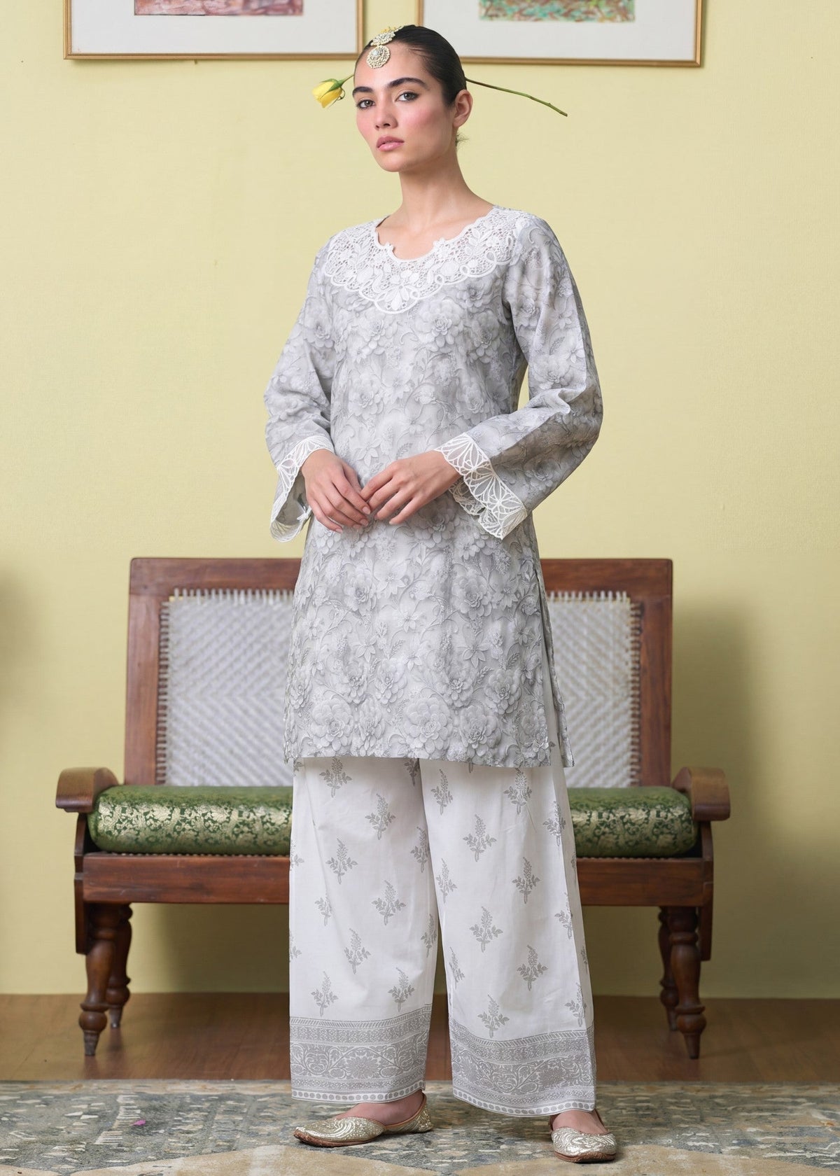 Embroidered Lawn Farshi Shalwar Suit – White, Summer Wear