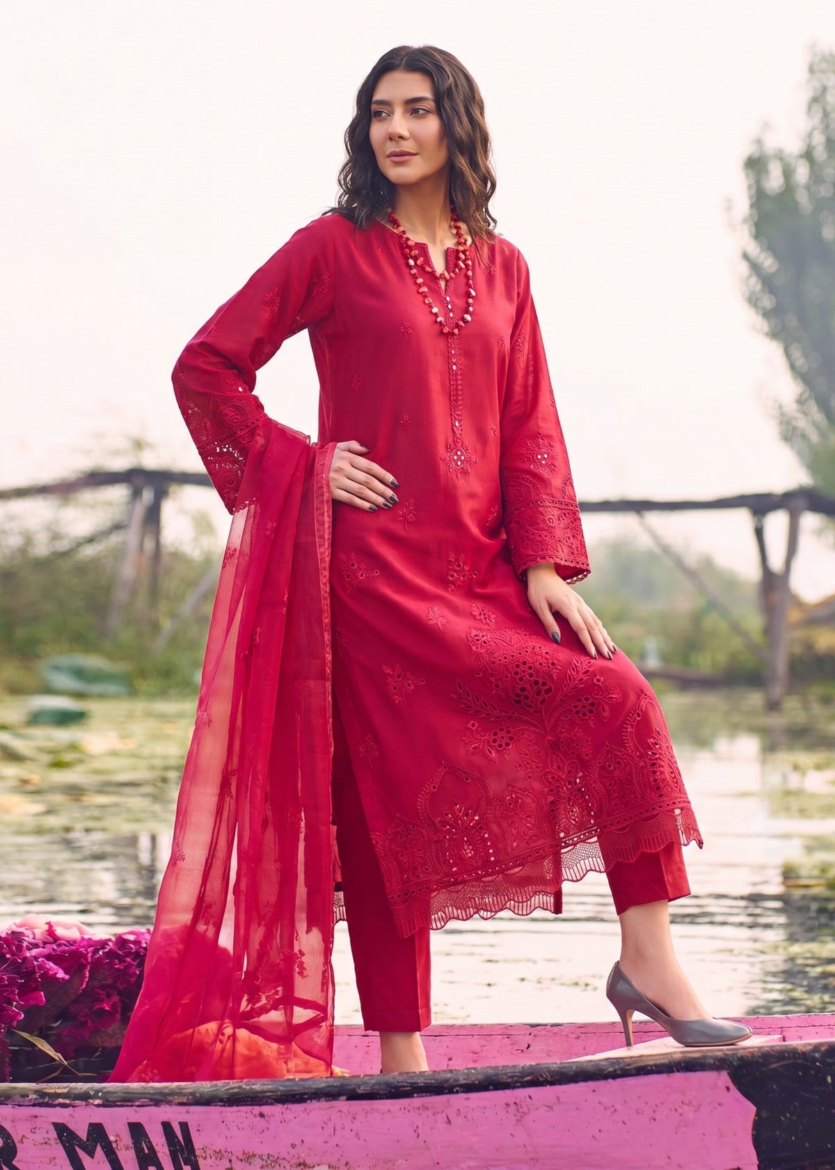 Embroidered Long Kurta Cotton 3-Piece Suit – Red, Manaar Dupatta