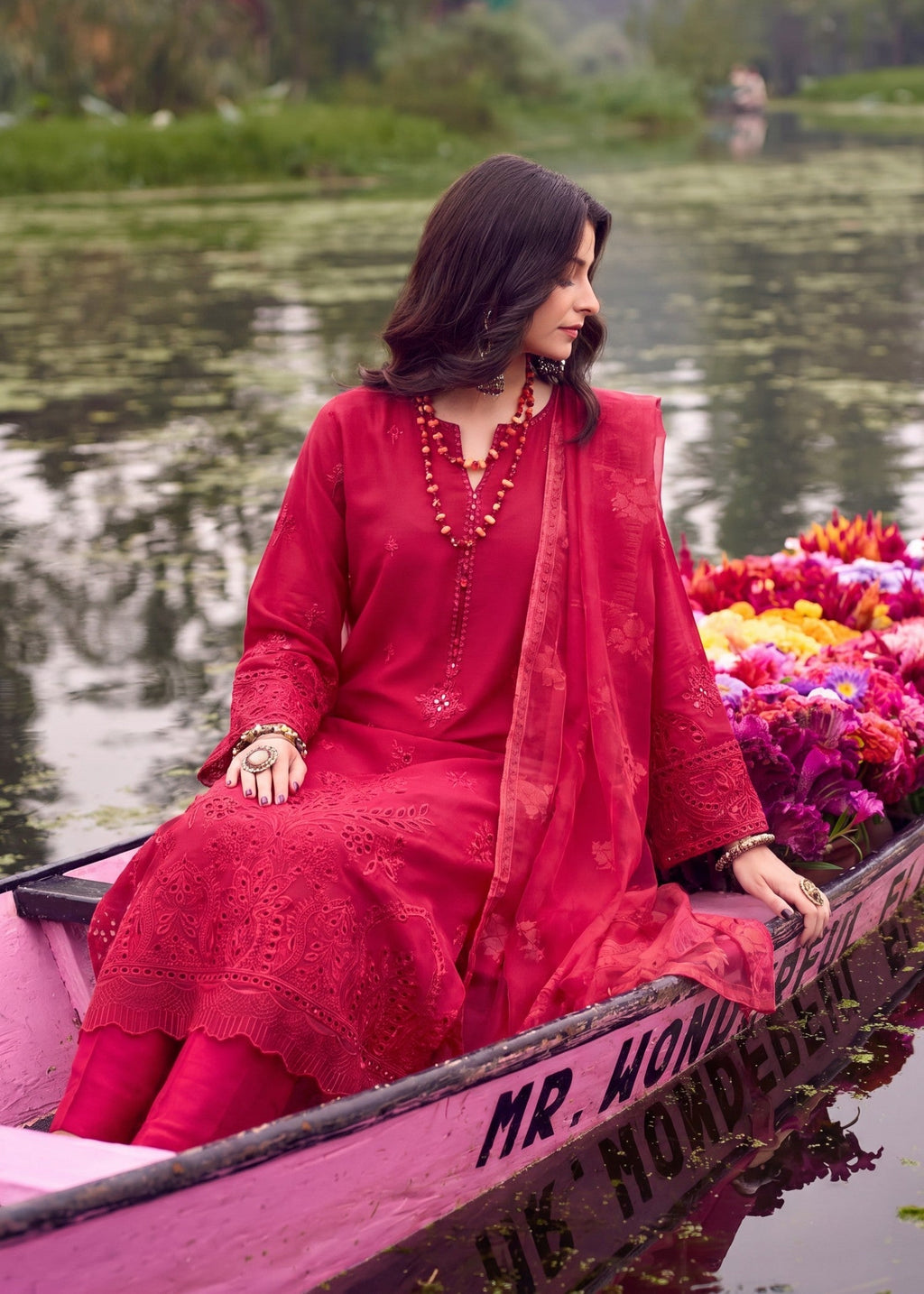 Embroidered Long Kurta Cotton 3-Piece Suit – Red, Manaar Dupatta